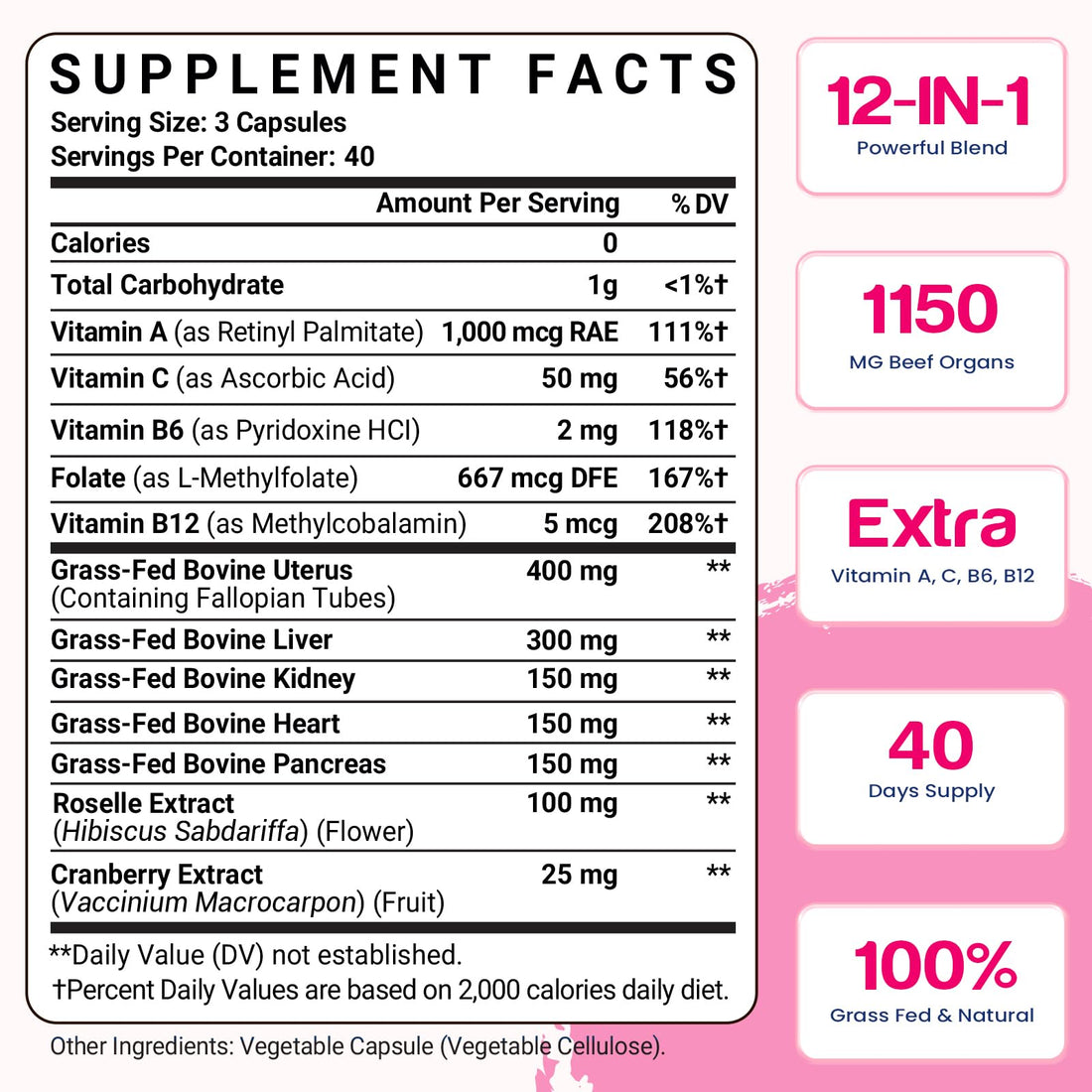 12-In-1 Beef Organ Supplement for Women - Beef Liver, Uterus, Kidney, Heart, Pancreas, 5 Vitamins & 2 Herbs, Hormone Balance, Menstruation, Energy, Immune - 100% Grass Fed, Pasture Raise - 120 Caps Nassiouy buy supplements canada