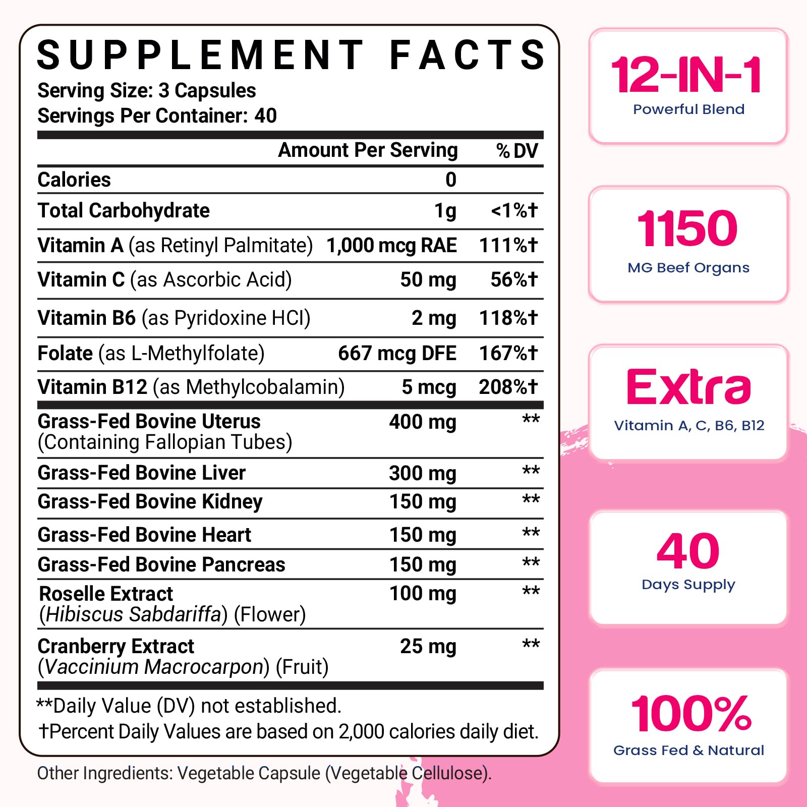 12-In-1 Beef Organ Supplement for Women - Beef Liver, Uterus, Kidney, Heart, Pancreas, 5 Vitamins & 2 Herbs, Hormone Balance, Menstruation, Energy, Immune - 100% Grass Fed, Pasture Raise - 120 Caps Nassiouy buy supplements canada