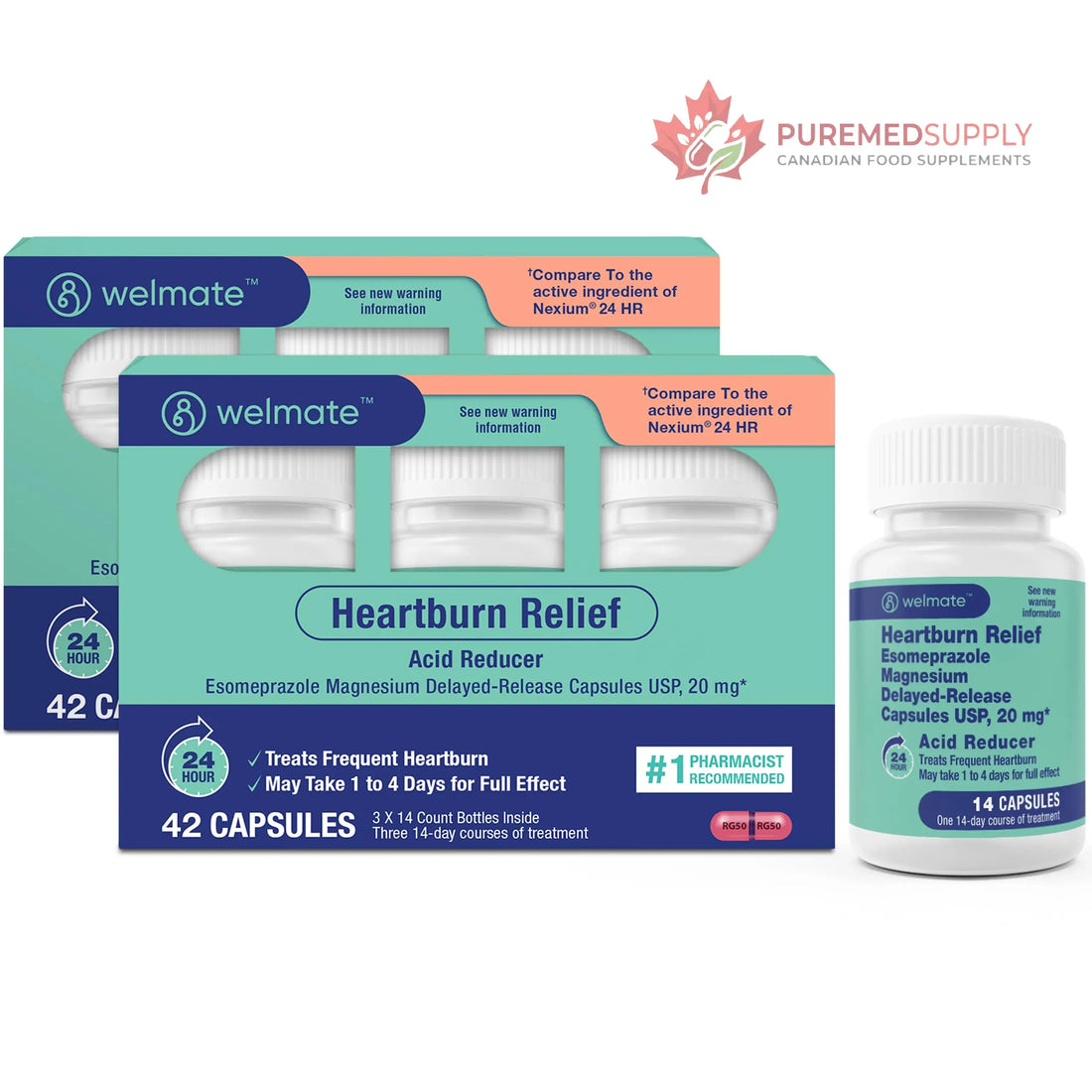 WELMATE Esomeprazole Magnesium 20mg Delayed Release Capsules, 84 Count (2-Pack) – Acid Reducer for Frequent Heartburn & Acid Reflux Relief, 24HR Protection, Digestion Support WELMATE buy supplements canada
