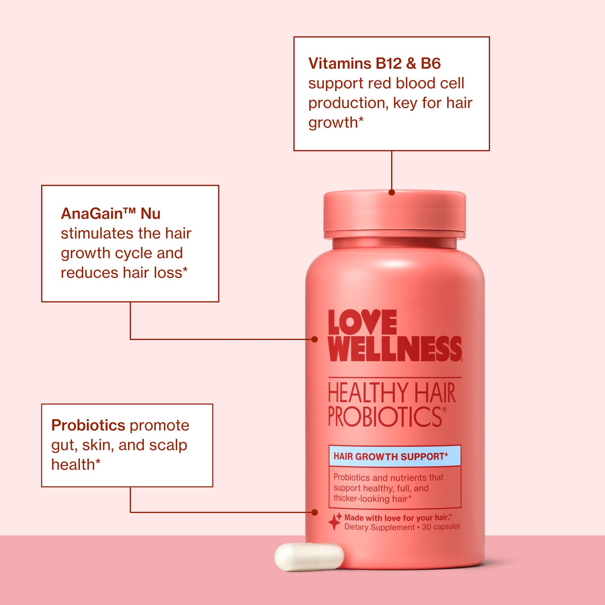 Love Wellness Healthy Hair Probiotics | Support Hair Growth with Biotin and Vitamin B12 & B6 | Supplement for Healthy Scalp & Thicker, Fuller Looking Hair | Safe & Effective | 30 Capsules Love Wellness buy supplements canada