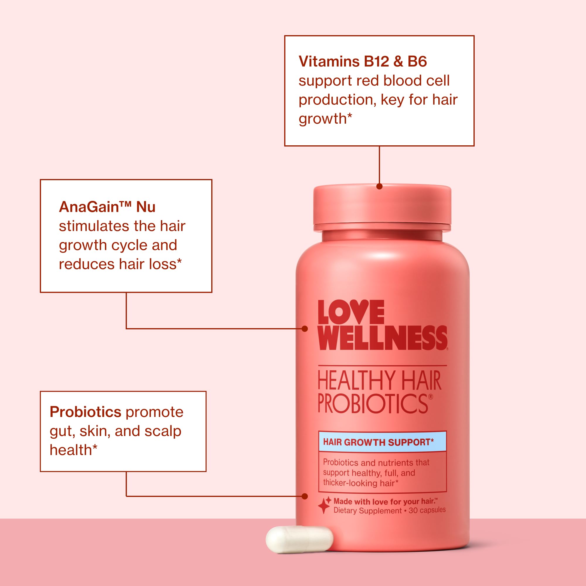 Love Wellness Healthy Hair Probiotics | Support Hair Growth with Biotin and Vitamin B12 & B6 | Supplement for Healthy Scalp & Thicker, Fuller Looking Hair | Safe & Effective | 30 Capsules Love Wellness buy supplements canada
