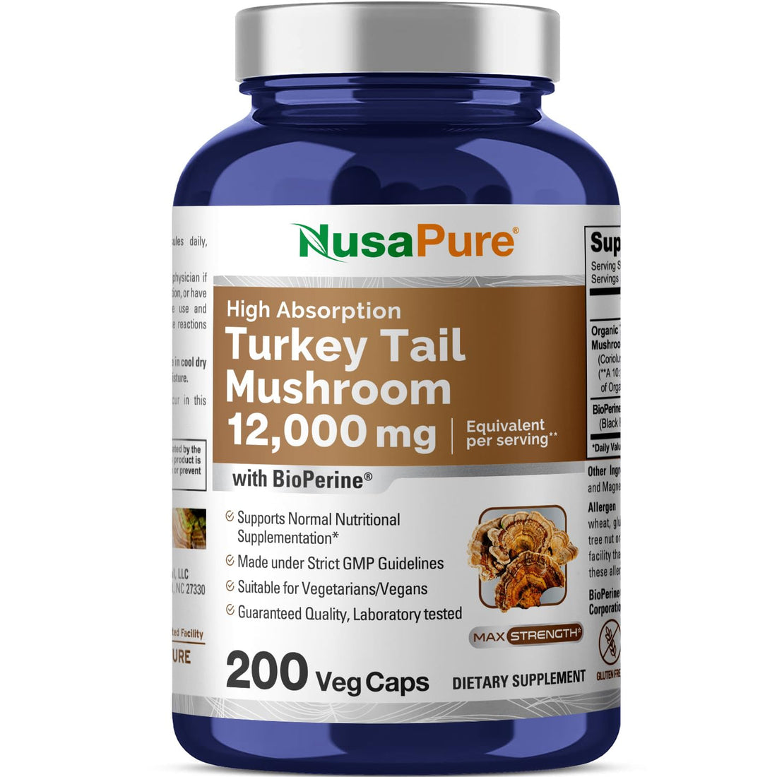 NusaPure Turkey Tail Mushroom Capsules, 10:1 Extract, 1200 mg Equivalent to 12,000mg, 200 Vcaps, Non-GMO, Gluten Free, Bioperine NusaPure buy supplements canada