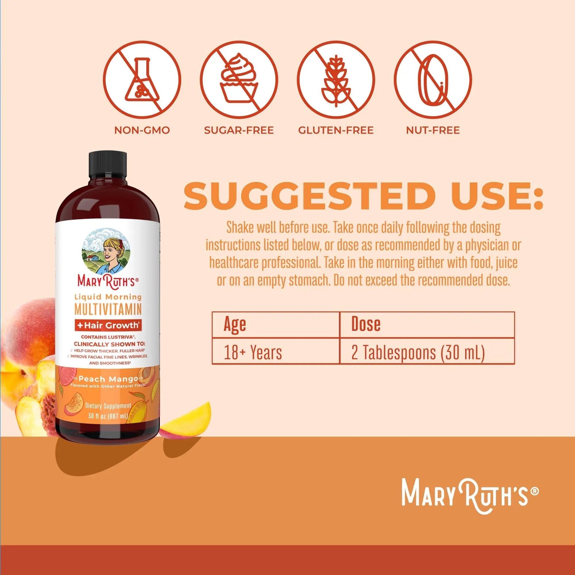 MaryRuth's MaryRuth's Liquid Morning Multivitamin +Hair Growth (Peach Mango, 30oz) & Iron Liquid (Berry) | Clean Label Project Verified® | MARYRUTH'S buy supplements canada