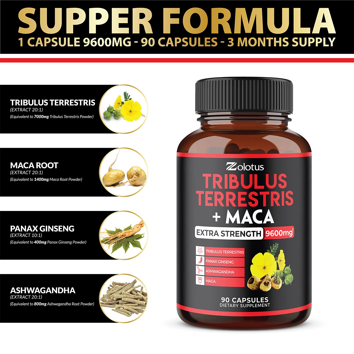 Zolotus Premium Tribulus Terrestris Capsules - 9600mg Per Serving - Combined Zolotus buy supplements canada