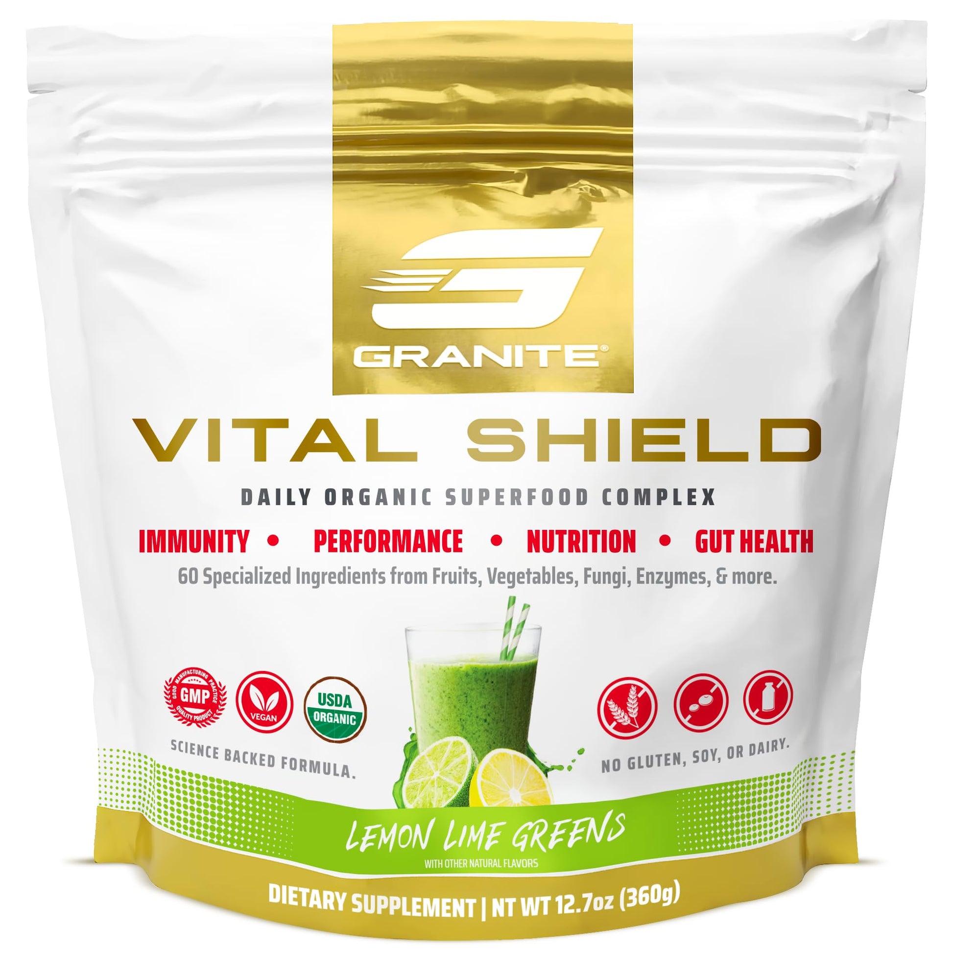 Granite Nutrition Vital Shield - USDA Organic Superfood Greens with Mushrooms & Tart Cherry – Supports Energy, Immune Function & Digestive Health – Lemon Lime Flavor (30 Servings) Granite Supplements buy supplements canada
