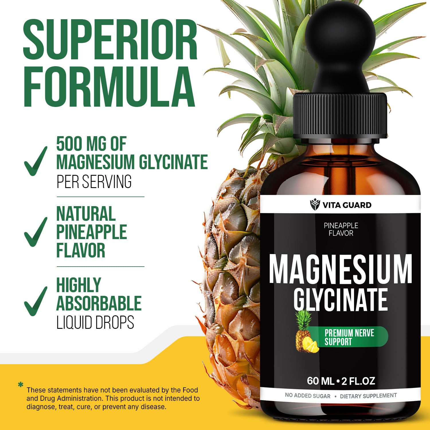 Magnesium Glycinate 500mg Liquid Drops – Sugar-Free Magnesium Supplement, Vegan Formula, 60 mL Flavor Pineapple Vita Guard buy supplements canada