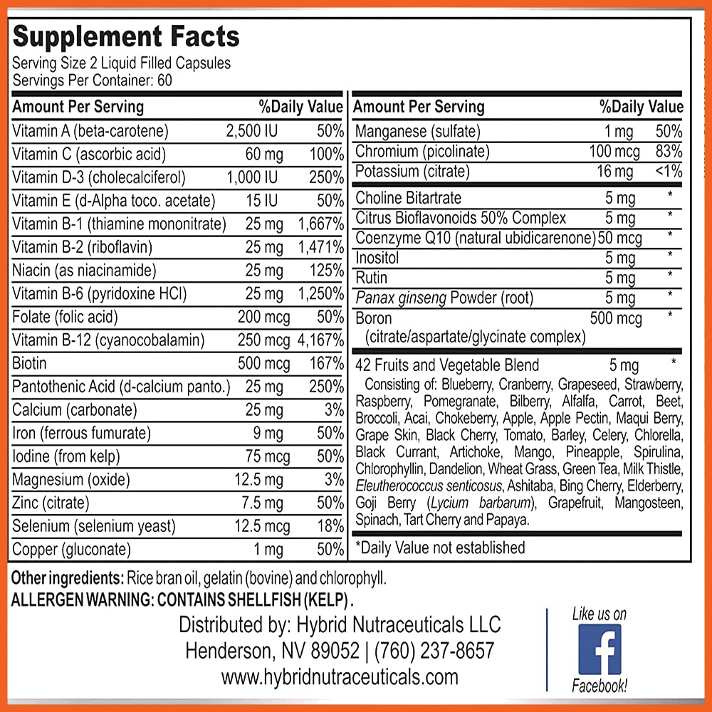 MiracleMulti Liquid Multivitamin Capsules for Men & Women - Complete Whole Food Blend Daily Vitamin & Mineral Supplement with CoQ10, B12, 42 Superfood Enzyme - 120 Softgels Hybrid Nutraceuticals buy supplements canada