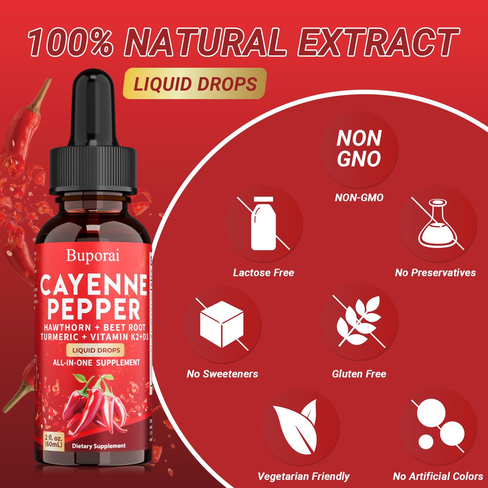 Buporai Cayenne Pepper Drops, Cayenne Pepper Extract Liquid Supplement for Overall Well-Being, 2 fl oz, Vitamin D3 K2 Beet Root Powder Buporai buy supplements canada