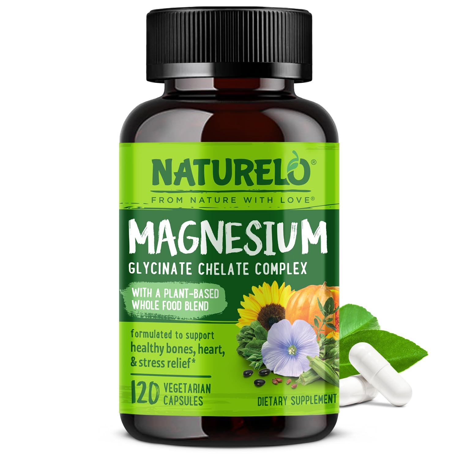NATURELO Magnesium Glycinate Chelate Complex - 200 mg Magnesium with Organic Vegetables to Support Sleep, Calm, Muscle Cramp & Stress Relief - Gluten Free, Non GMO - 120 Capsules NATURELO buy supplements canada