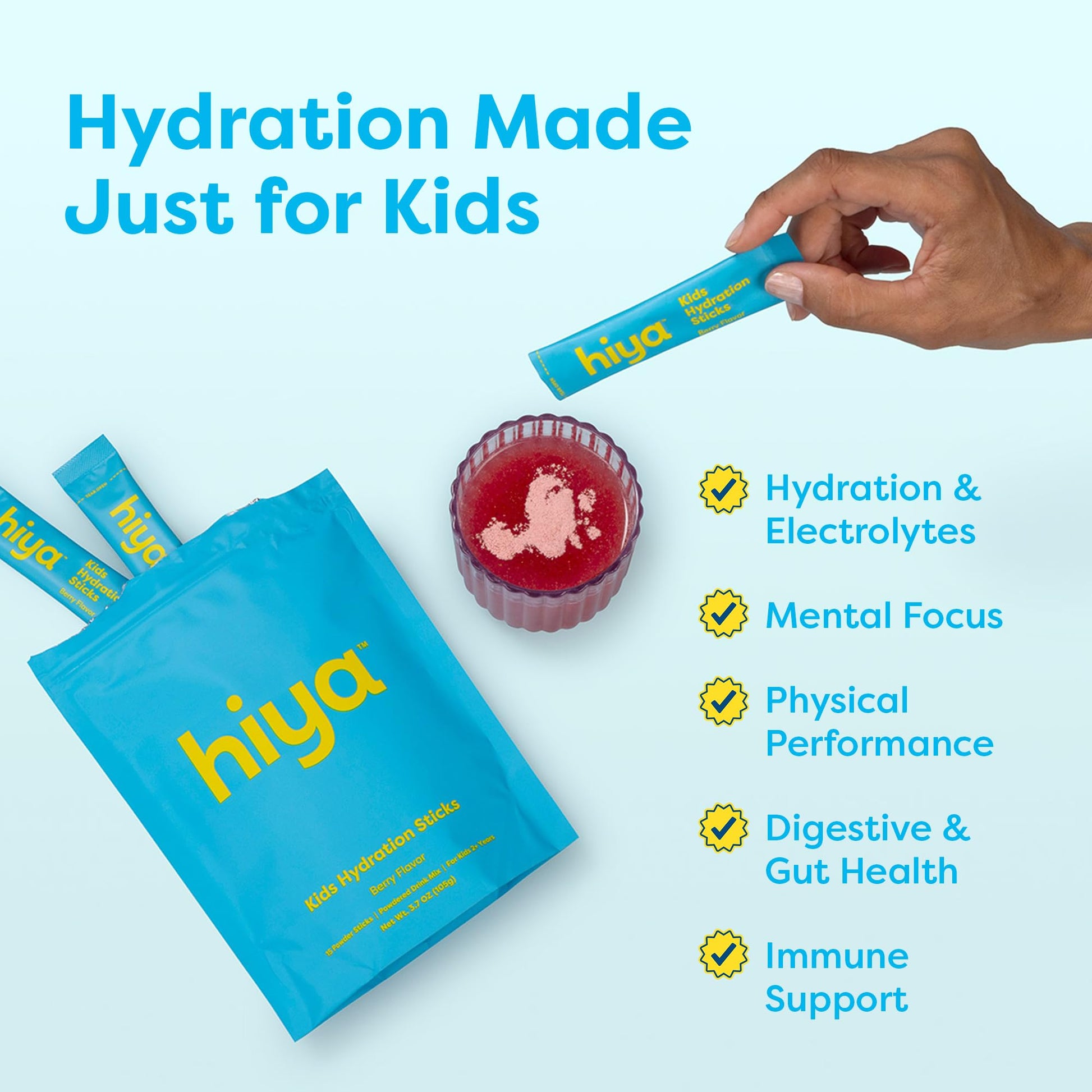 Hiya Kids Hydration with Electrolytes - Zero Added Sugar Berry Flavored Kids Hydration Packets - 15 Sticks - Travel-Friendly Drink Mix for Children Ages 2+ HIYA buy supplements canada