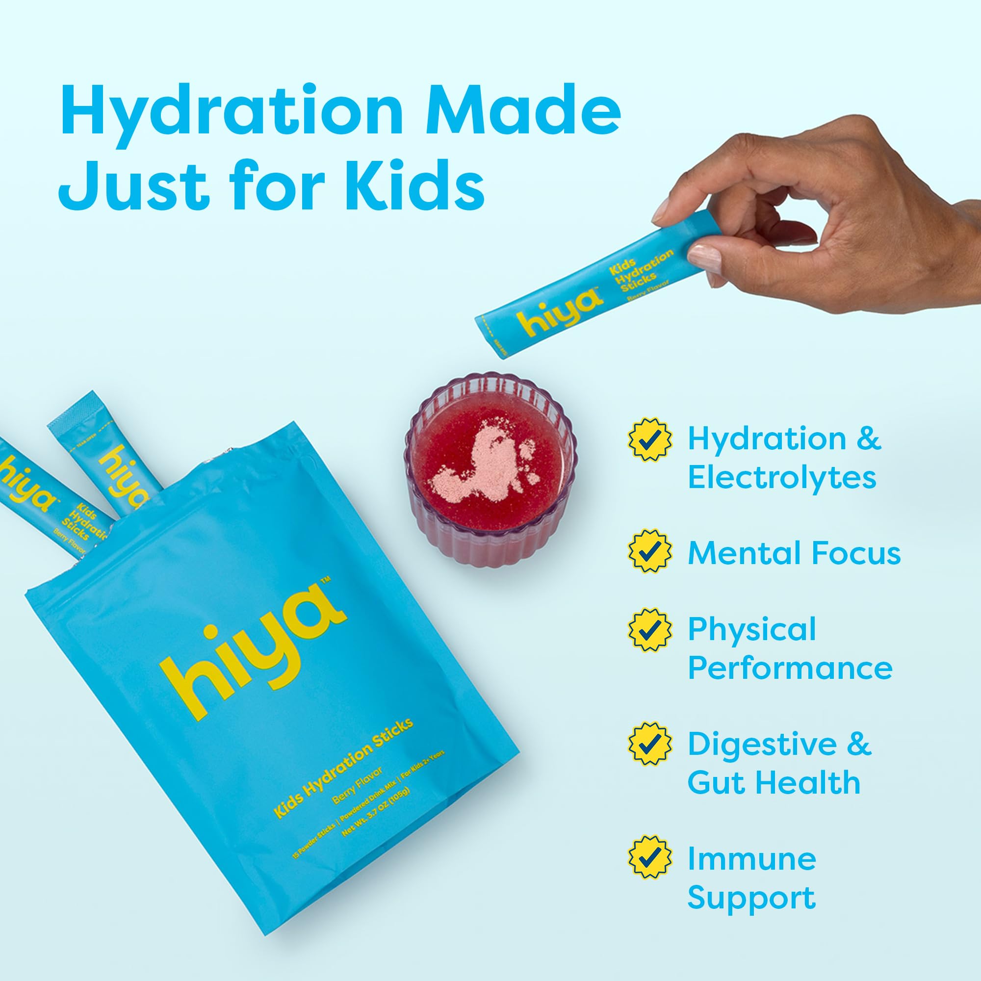 Hiya Kids Hydration with Electrolytes - Zero Added Sugar Berry Flavored Kids Hydration Packets - 15 Sticks - Travel-Friendly Drink Mix for Children Ages 2+ HIYA buy supplements canada
