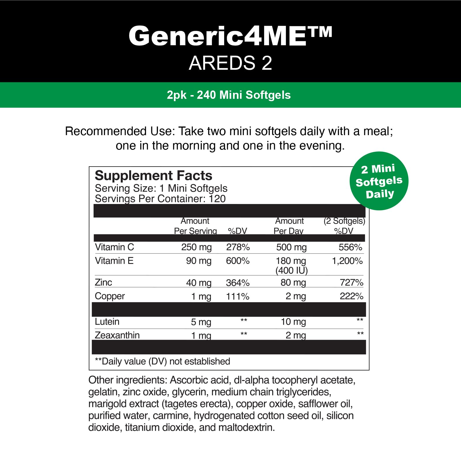 GENERIC4ME AREDS 2 SoftGels, 500 mg Vitamin C, 400 IU Vitamin E, 10 mg Lutein, 2 mg Zeaxanthin, 80 mg Zinc, 2 mg Copper - Supports Eye Health - 120 Mini SoftGels (Two Month Supply) Generic4ME buy supplements canada