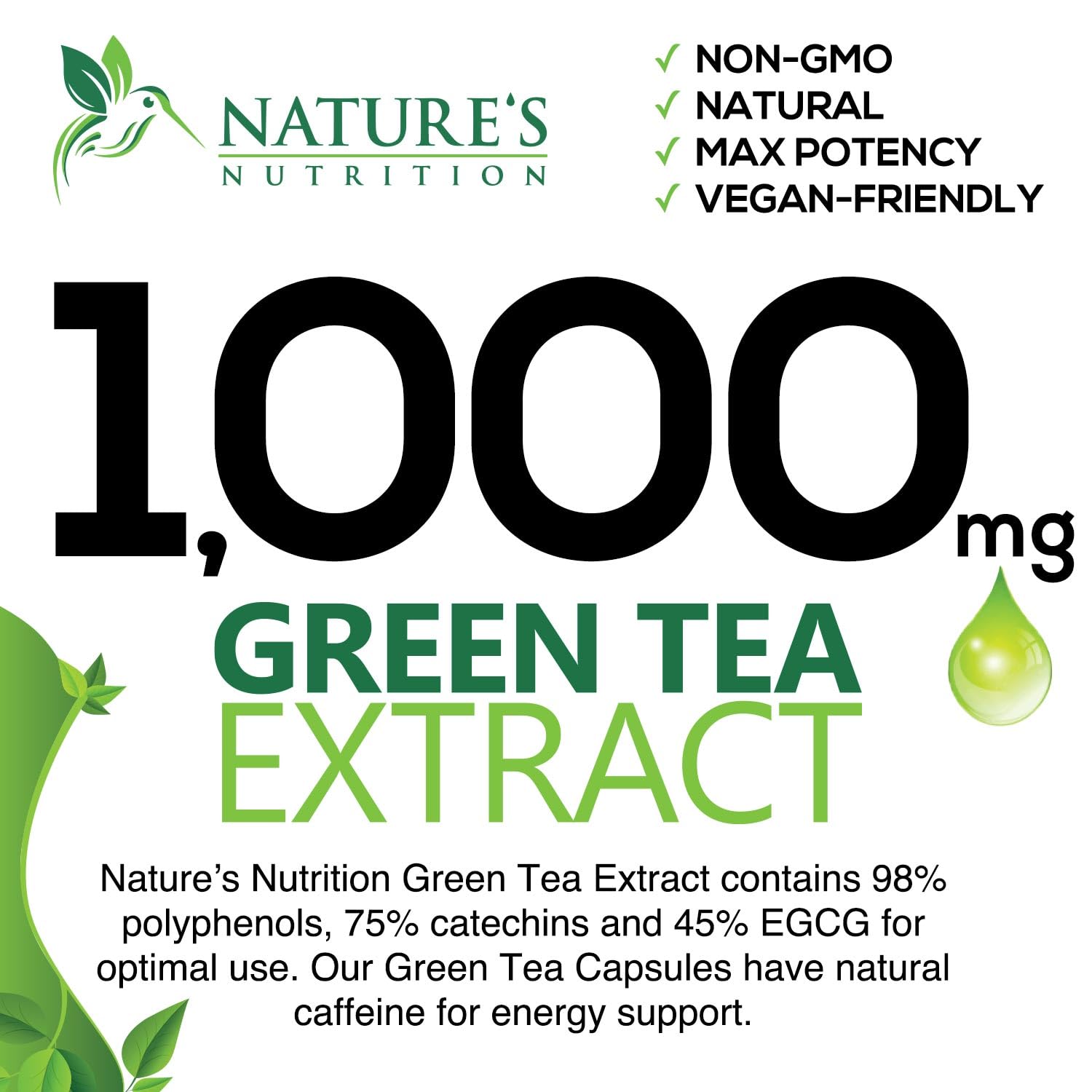 Green Tea Extract Capsules 1000mg 98% Standardized EGCG - 3X Strength for Natural Nature's Nutrition buy supplements canada