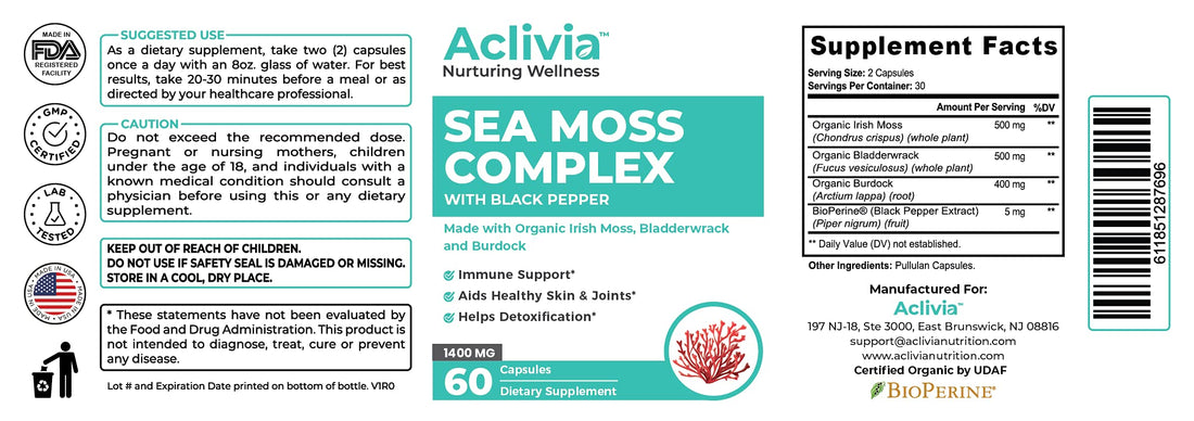Aclivia - Organic Irish Sea Moss Capsules with Bladderwrack & Burdock Root - 102 Minerals Sea Moss Supplement - Thyroid Support, Immune Boost - Non-GMO (60 Count) Aclivia buy supplements canada