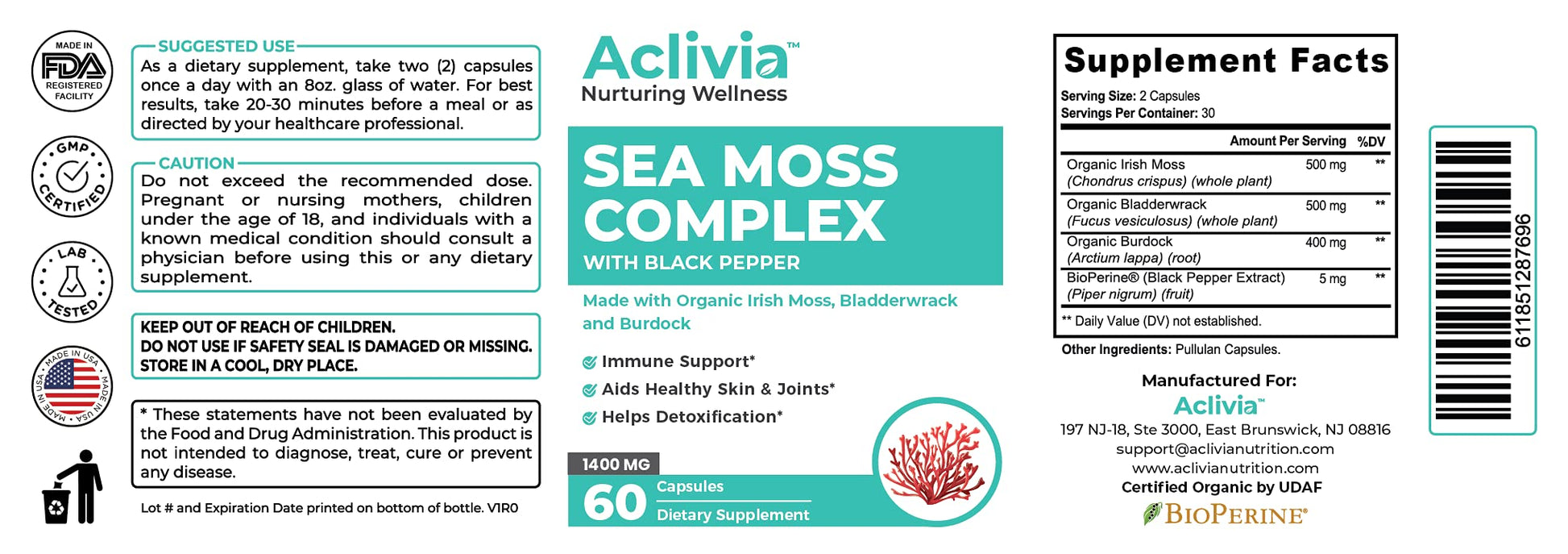 Aclivia - Organic Irish Sea Moss Capsules with Bladderwrack & Burdock Root - 102 Minerals Sea Moss Supplement - Thyroid Support, Immune Boost - Non-GMO (60 Count) Aclivia buy supplements canada