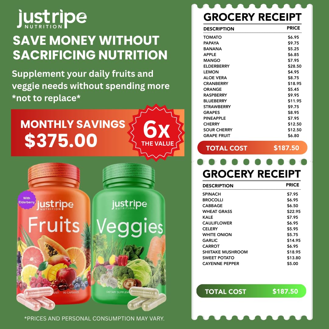 Fruits and Veggies Supplement - 90 Fruit and 90 Vegetable Capsules - 100% Whole Natural Superfood - Filled with Super Greens Vitamins and Minerals - Supports Balance Energy Levels (1 Pack) Just Ripe Nutrition buy supplements canada