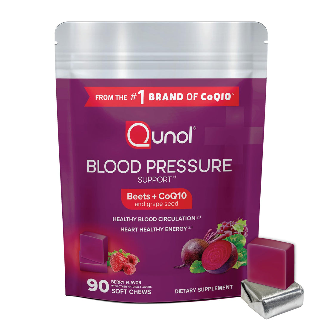 Qunol Beets Chews for Blood Pressure Support, 3 in 1 Beets + CoQ10 + Grape Seed Extract, Qunol buy supplements canada
