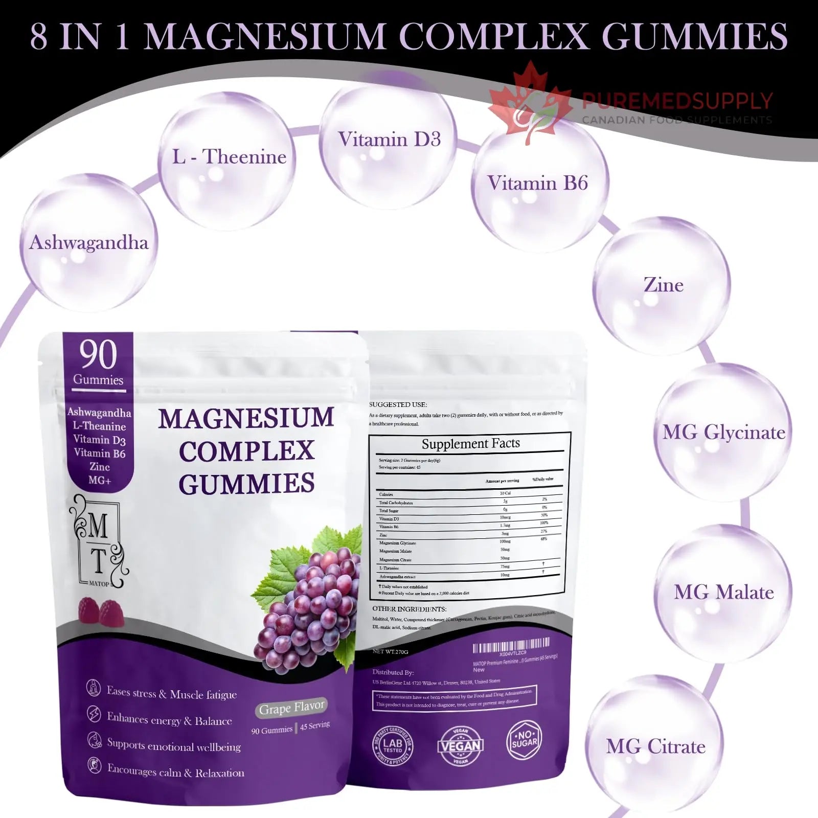 MATOP Magnesium Complex for Women Gummies - 8 in 1 Triple Magnesium Complex (Glycinate, Malate, Citrate) with L-Theanine, Ashwagandha, Vitamin D3, B6 & Zinc - Stress, Calm & Focus - 90 Vegan Gummies MATOP buy supplements canada
