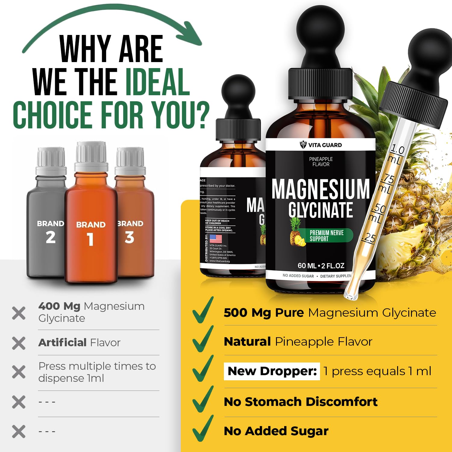 Magnesium Glycinate 500mg Liquid Drops – Sugar-Free Magnesium Supplement, Vegan Formula, 60 mL Flavor Pineapple Vita Guard buy supplements canada