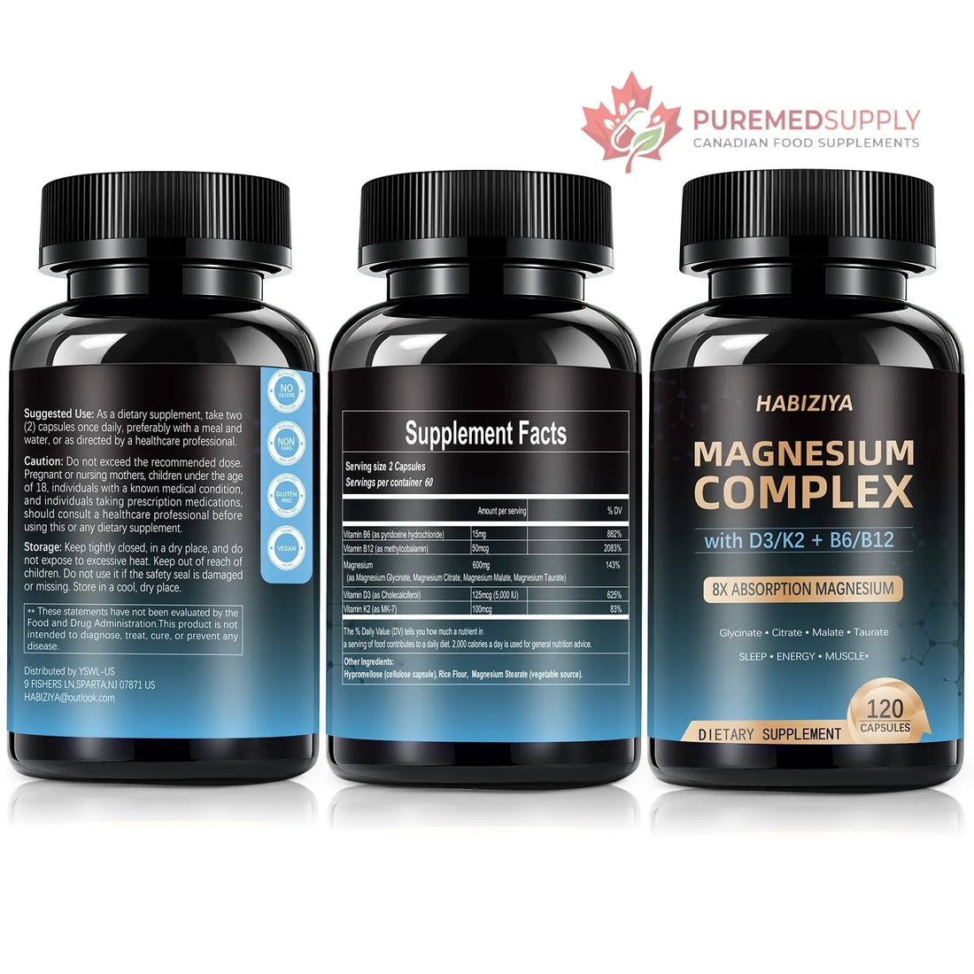 Magnesium Complex Supplement 600mg with with D3 K2 MK7 & B Vitamins High Absorption Capsules with Glycinate, Citrate & Malate,Taurate Relaxation,Muscle,Heart Support, Vegan 120 Capsules HABIZIYA buy supplements canada