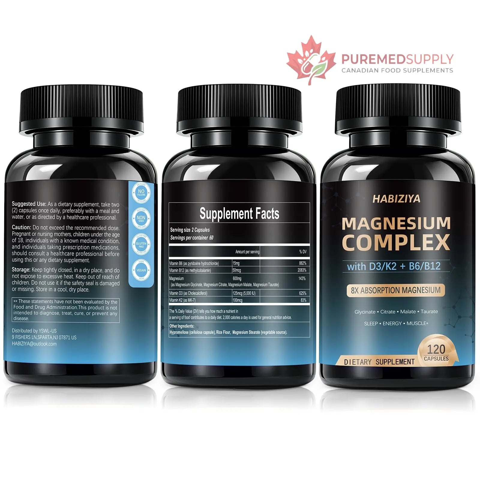 Magnesium Complex Supplement 600mg with with D3 K2 MK7 & B Vitamins High Absorption Capsules with Glycinate, Citrate & Malate,Taurate Relaxation,Muscle,Heart Support, Vegan 120 Capsules HABIZIYA buy supplements canada
