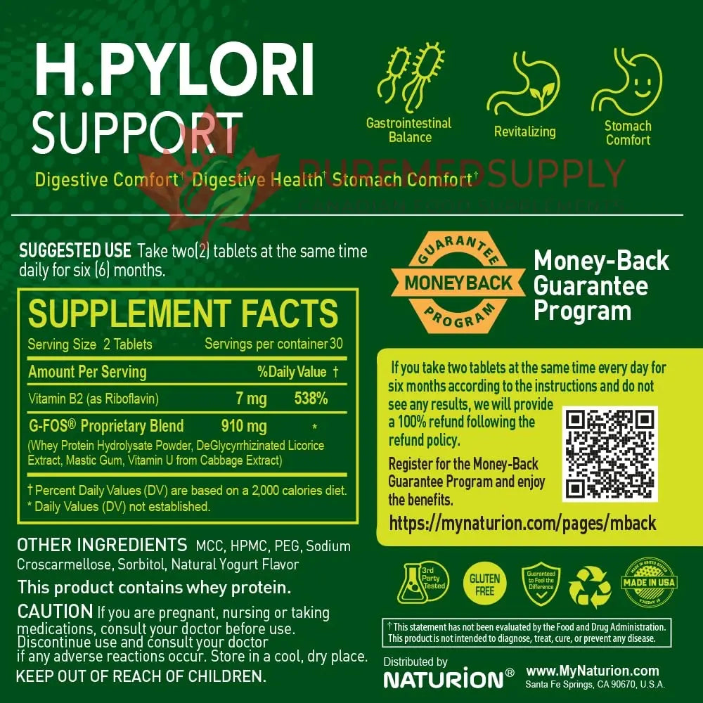 NATURION H. Pylori Support - Digestive Health Supplement with G-FOS Blend, Whey Protein, Licorice, Mastic Gum, Vitamin U, and Vitamin B2 - Stomach Comfort & Gut Balance - 60 Tablets, 30 Day Supply NATURION buy supplements canada