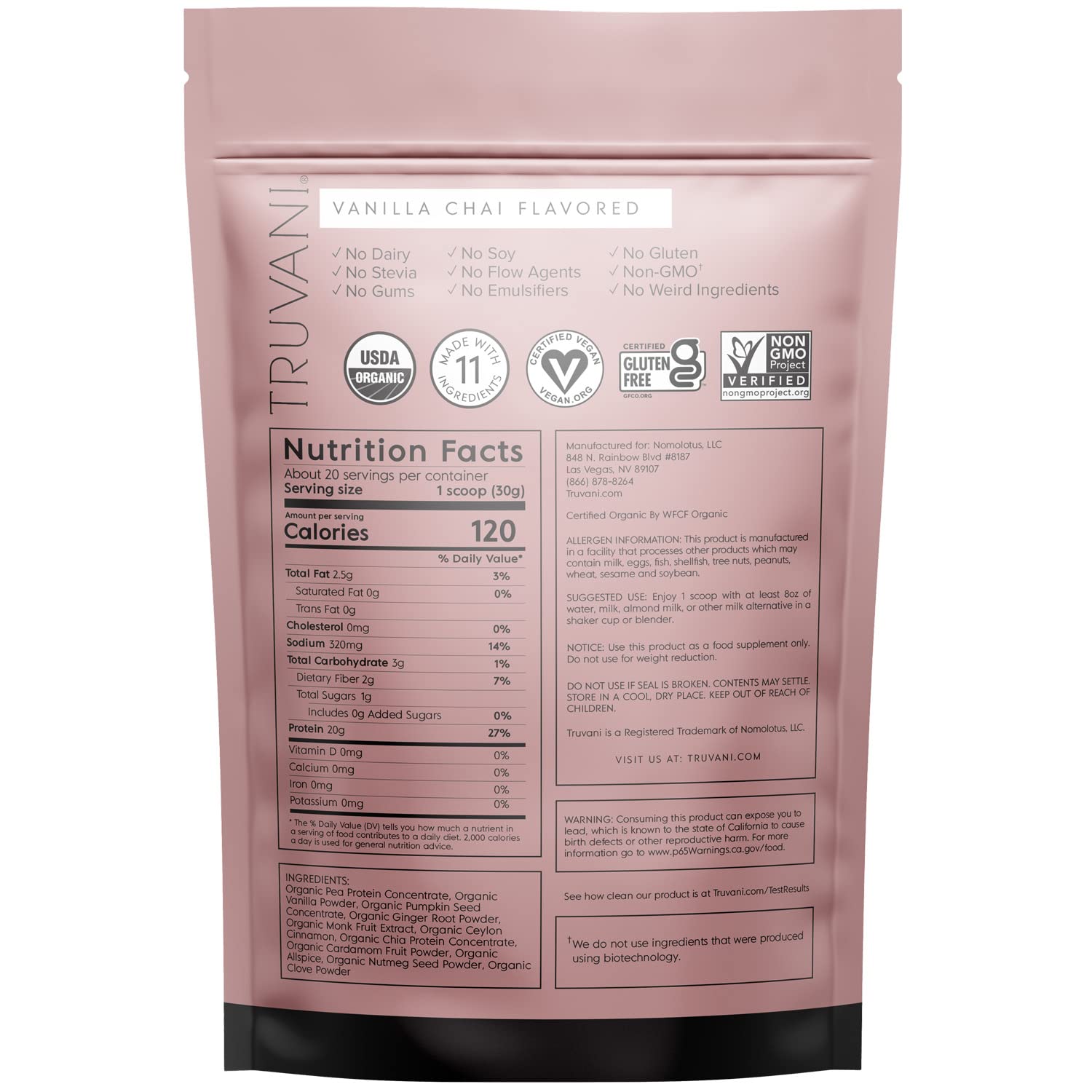 Truvani Organic Vegan Protein Powder Vanilla Chai - 20g of Plant Based Protein, Organic Truvani buy supplements canada
