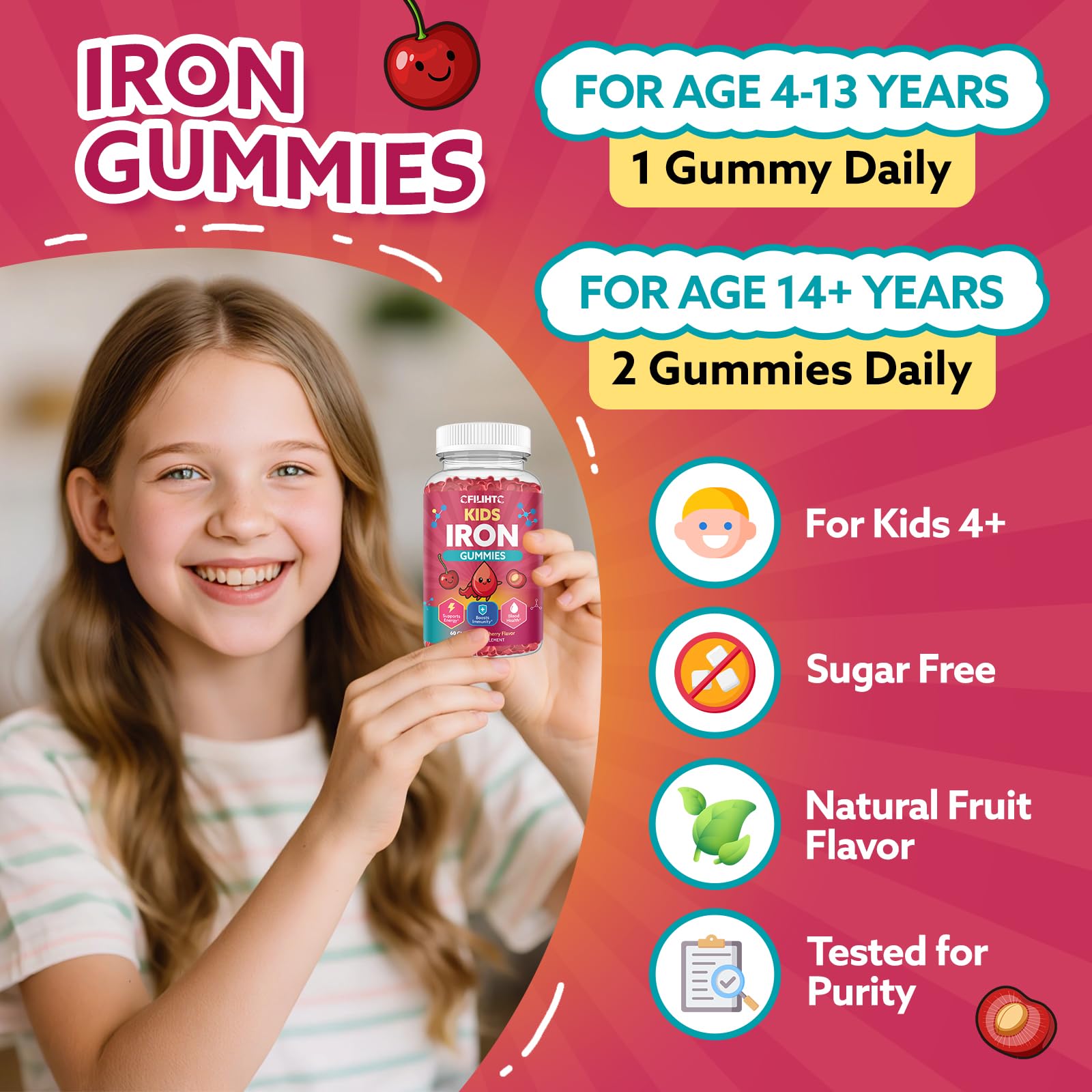 Iron Gummies for Kids & Teens, Kids Multivitamin with Iron Supplement, Calcium, Folate, Zinc, Prebiotic - for Blood Builder & Energy Support, Iron Deficiency - Vegan & Non-GMO - 60 Count Cherry CFILIHTC buy supplements canada