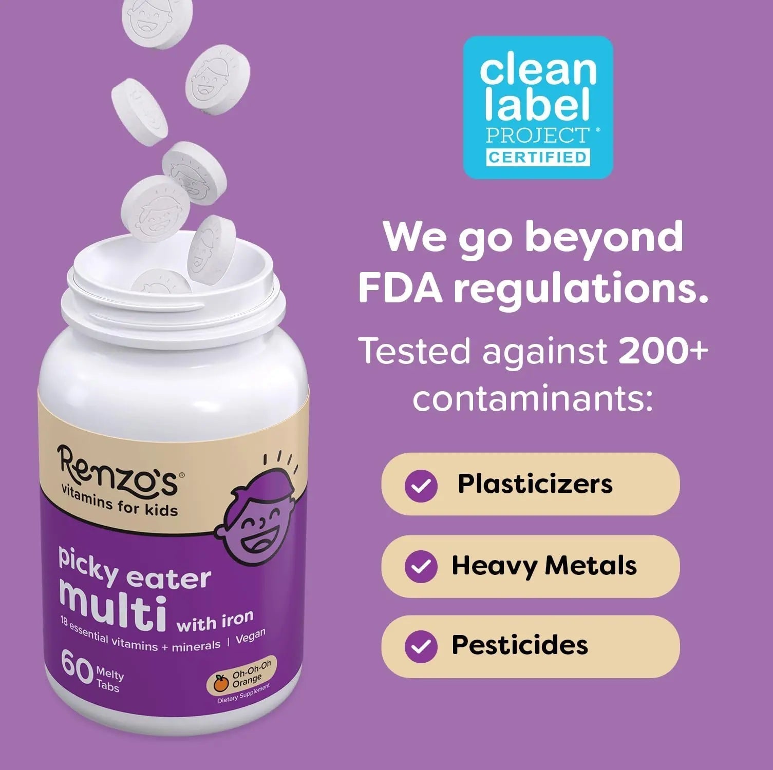 Renzo's Picky Eater Kids Multivitamin with Iron, Dissolving Kids Vitamins with Vitamin D3 and K2 and More, 60 Sugar-Free Melty Tabs Renzo's buy supplements canada