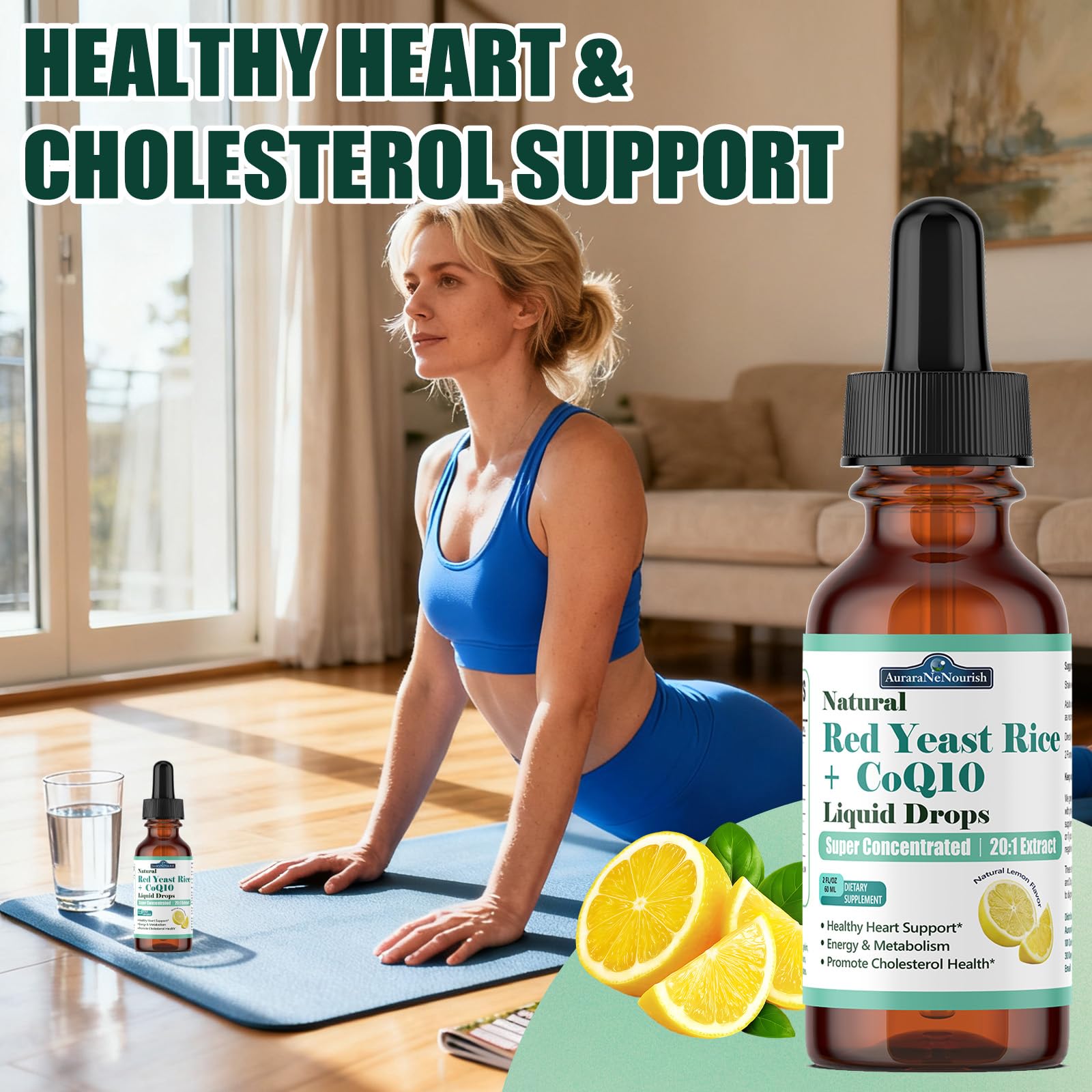 Liposomal Red Yeast Rice with Coq10 Liquid Drops, 5-in-1 Extra Strength 1200mg Cholesterol & Heart Support w. Citrus Bergamot Alpha Lipoic Acid | Cholesterol Lowering Supplement | GMO & Citrinin Free AuraraNeNourish buy supplements canada