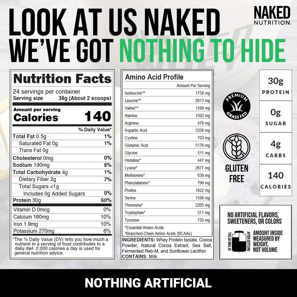 NAKED Chocolate Whey Isolate Protein - Only 6 Ingredients, 30g Grass-Fed Protein, Undenatured, No GMO, No Soy, Gluten-Free, No Preservatives - 24 Servings NAKED buy supplements canada