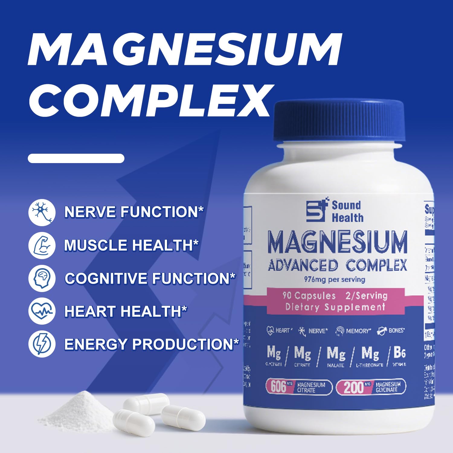 5 in 1 Magnesium Complex Capsule 976mg wtih Magnesium Glycinate, Citrate, Malate, L-Threonate & Vitamin B6, High Absorption Magnesium Complex for Women & Men, Third-Party Tested, Vegan, Non-GMO Sound Health Plus buy supplements canada