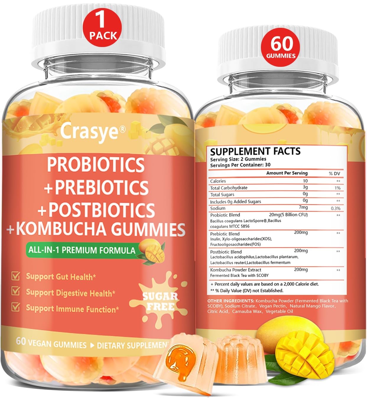Crasye Probiotic Kombucha Gummies Sugar Free Prebiotic Postbiotic Probiotics Gummy for Women and Men Bloating Gut Health Immune and Digestive Support - 60 Gummies - 30 Servings Crasye buy supplements canada