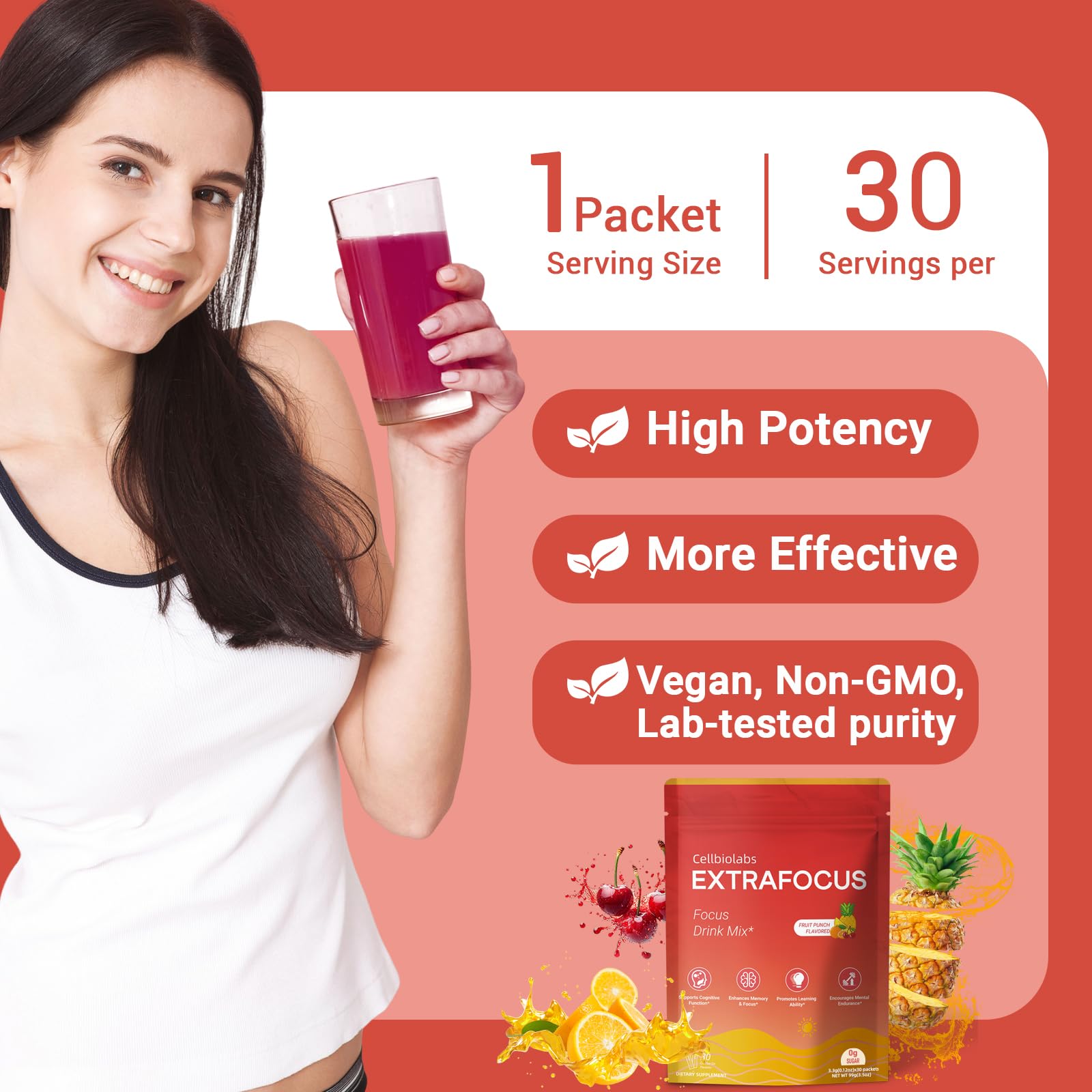 Nootropic Extra Focus Drink Mix, 30 Packs On-The-Go Sticks, Featuring Alpha-GPC, Lion's Mane & Rhodiola, Sugar-Free Packets Fruit Punch Clean Drink Mix Cellbiolabs buy supplements canada