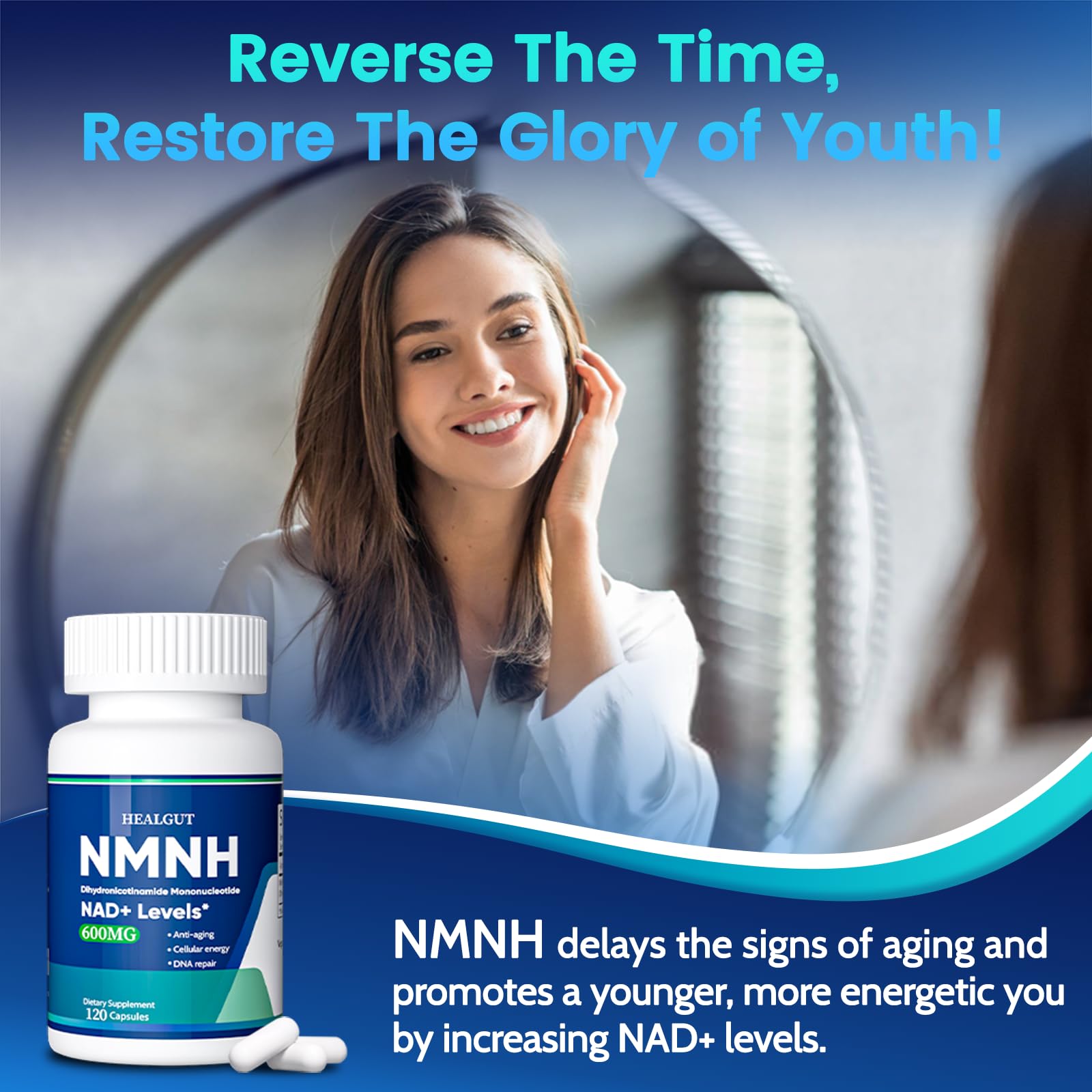 Pure NMNH(NMN Supplement Alternative)(Dihydronicotinamide Mononucleotide)for Women with Skin Aging 600mg: NAD Supplement for Anti-Aging Breakthrough - Boost NAD+ levels Liposome Capsules 120 Servings HEALGUT buy supplements canada