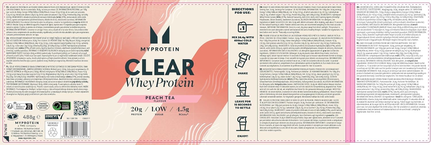 Myprotein Clear Whey Isolate Protein Powder - Peach Tea - 488g - 20 Servings Myprotein buy supplements canada