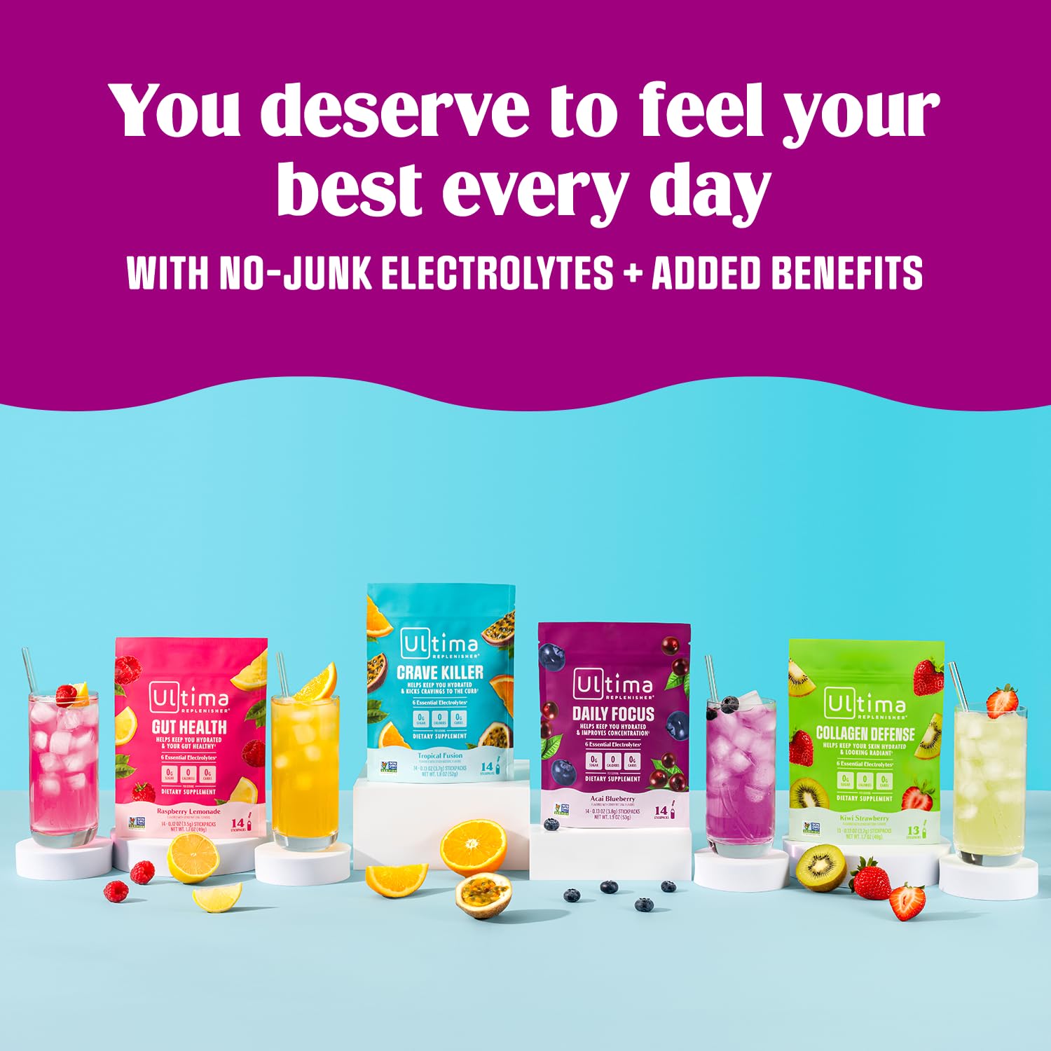 Ultima Replenisher Daily Focus Supplement & Electrolytes Powder - Acai Blueberry, 14 Stickpacks - Hydration Packets, 60mg Caffeine from Green Tea Extract & L-Theanine Ultima Replenisher buy supplements canada