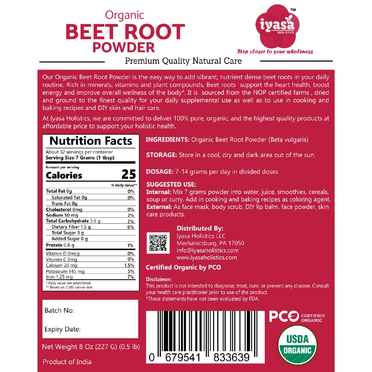 Iyasa Organic Beet Root Powder, Plant Based, Vegan, Gluten-Free, Beetroot Superfood Iyasa Holistics buy supplements canada