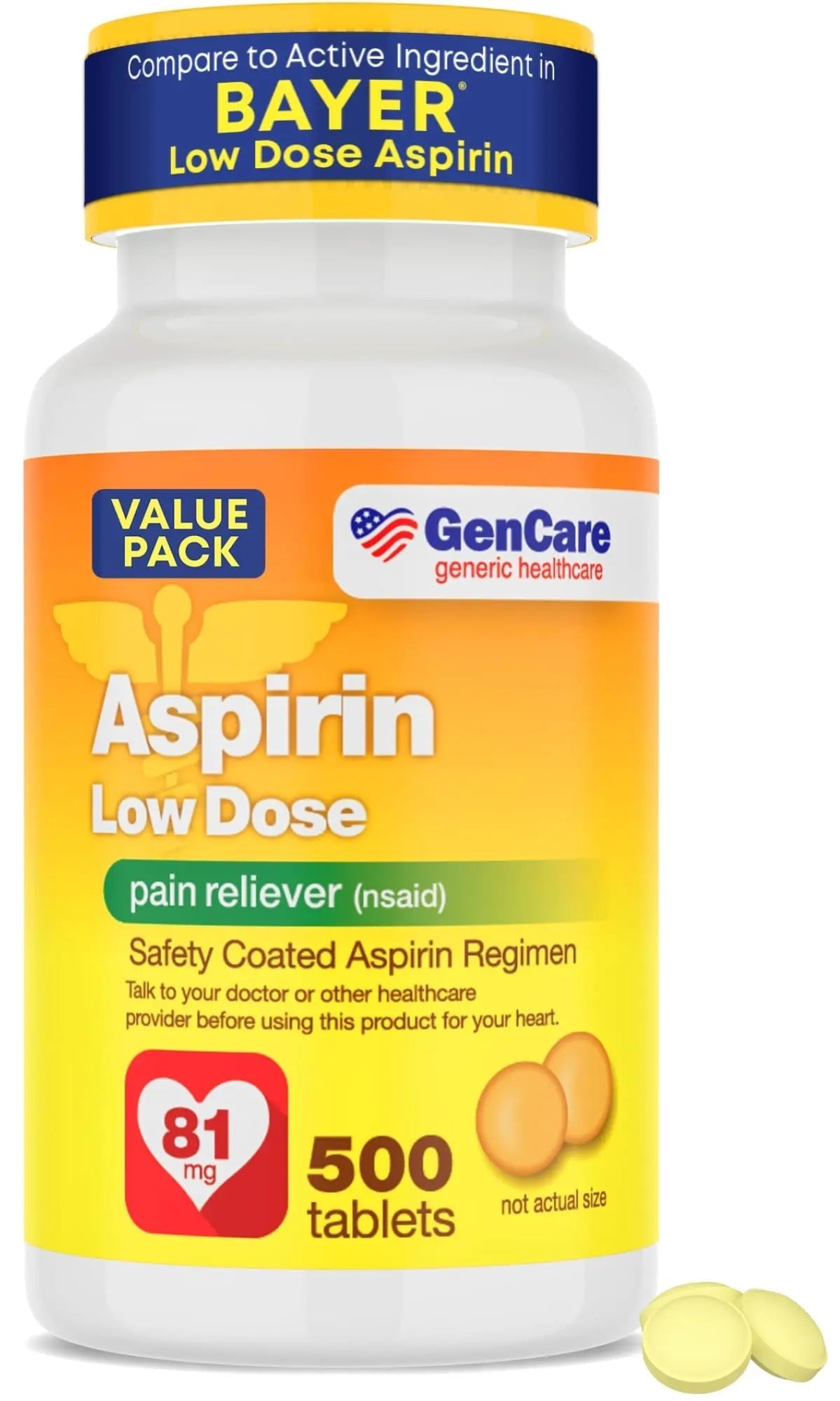 GenCare - Low Dose Aspirin 81mg for Adults Coated (NSAID) 500 Tablets | Adult Low Dose | Enteric Coated Aspirin Pills | Muscle Pain & Menstrual Pain Relief | Fever Reducer | Generic Bayer GenCare buy supplements canada