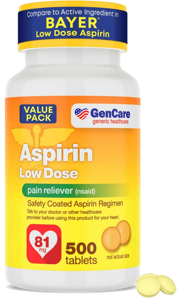 GenCare - Low Dose Aspirin 81mg for Adults Coated (NSAID) 500 Tablets | Adult Low Dose | Enteric Coated Aspirin Pills | Muscle Pain & Menstrual Pain Relief | Fever Reducer | Generic Bayer GenCare buy supplements canada