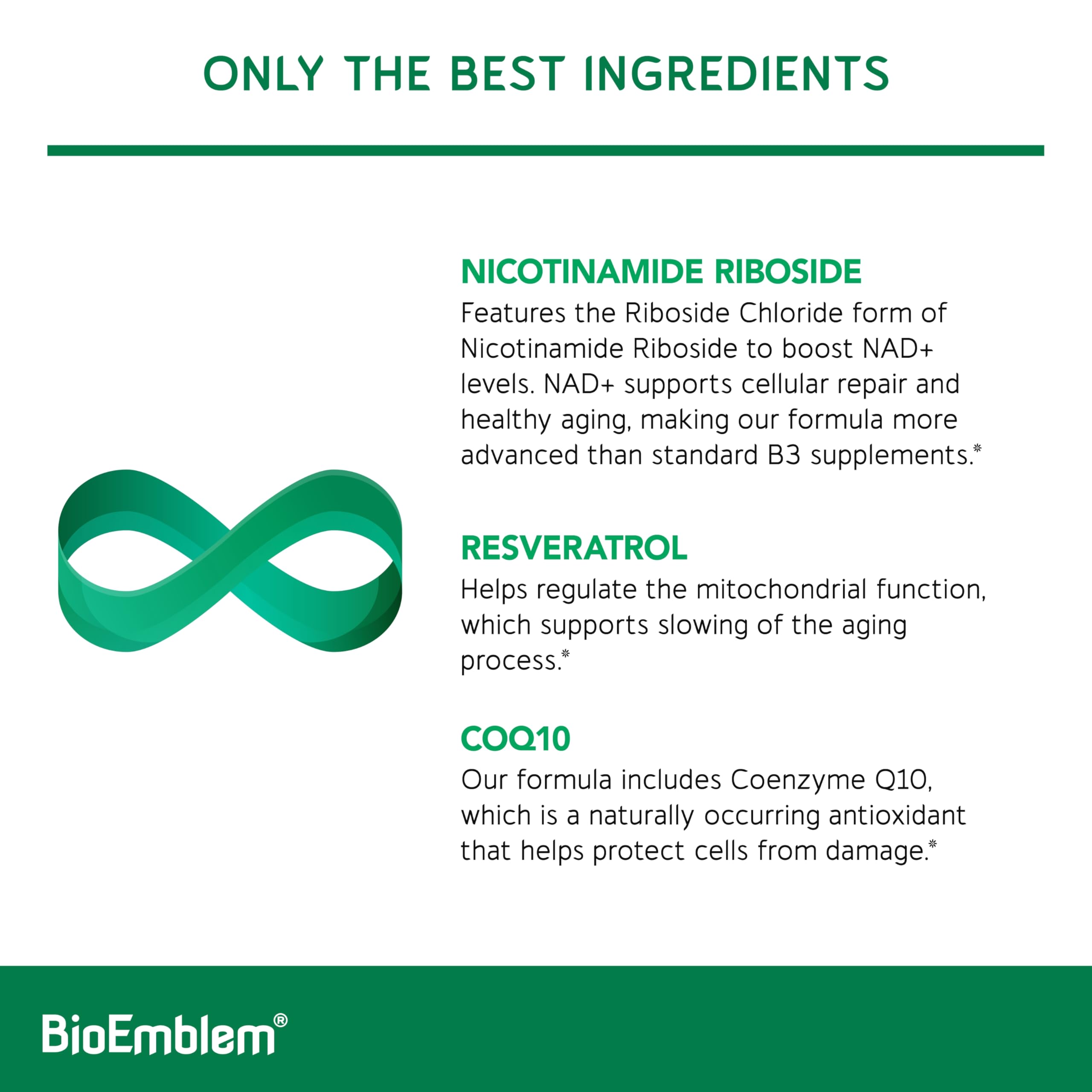 BioEmblem NAD+ Supplement | 300 mg Nicotinamide Riboside with CoQ10 & Resveratrol | Supports Healthy Aging, Cellular Energy and Cognitive Function | Non-GMO, Gluten Free - 45 Capsules BioEmblem buy supplements canada