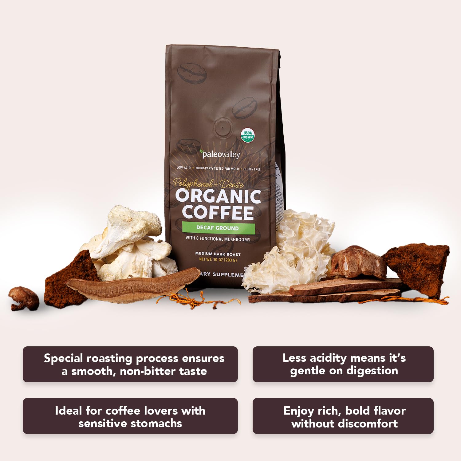 Paleovalley Organic Ground Coffee, 10oz - Decaf, Low Acid, Single-Origin, Polyphenol-Rich, Infused with Mushrooms Paleovalley buy supplements canada
