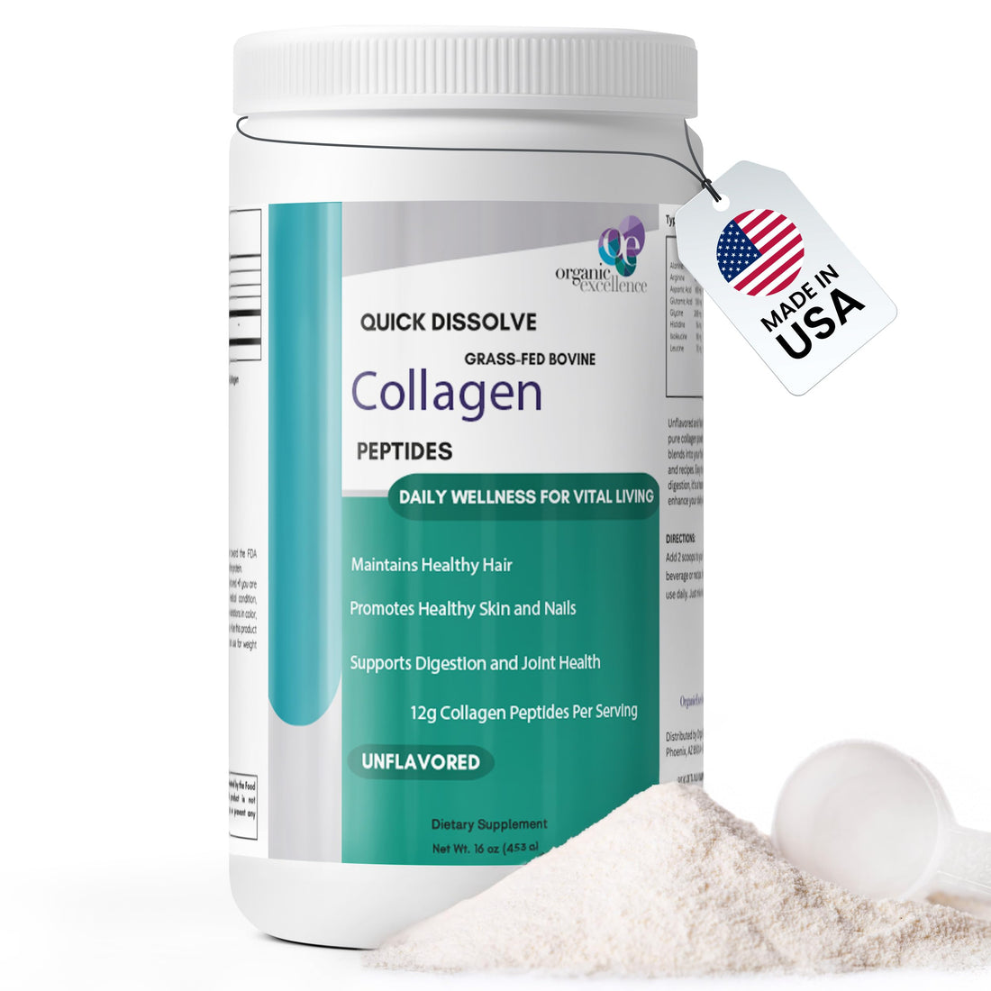 Organic Excellence Collagen Peptides, Grass-Fed Bovine Unflavored Collagen Powder Type I & III Hydrolyzed Collagen, Support Skin, Joints, Gut, Hair, Nails, Non-GMO, 12g Protein/Serving, 16 oz (453g) Organic Excellence buy supplements canada