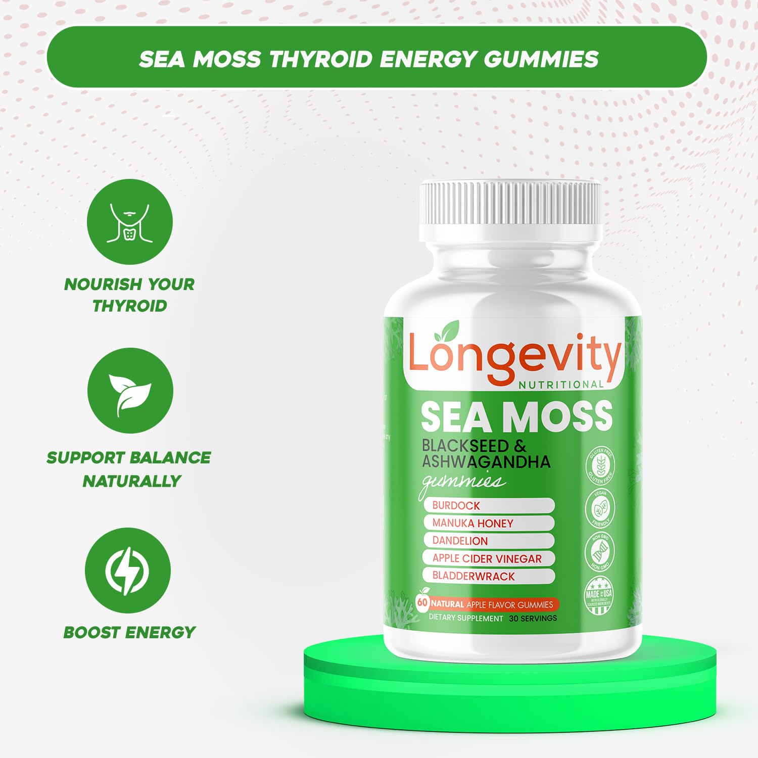 Longevity Nutritional Sea Moss, Thyroid Energy Vitamins Mineral Burdock Manuka Honey Dandelion Apple Cider Bladderwrack Ashwagandha Extract Turmeric Antioxidant Boost Immune Superfood Gummies Longevity Nutritional buy supplements canada