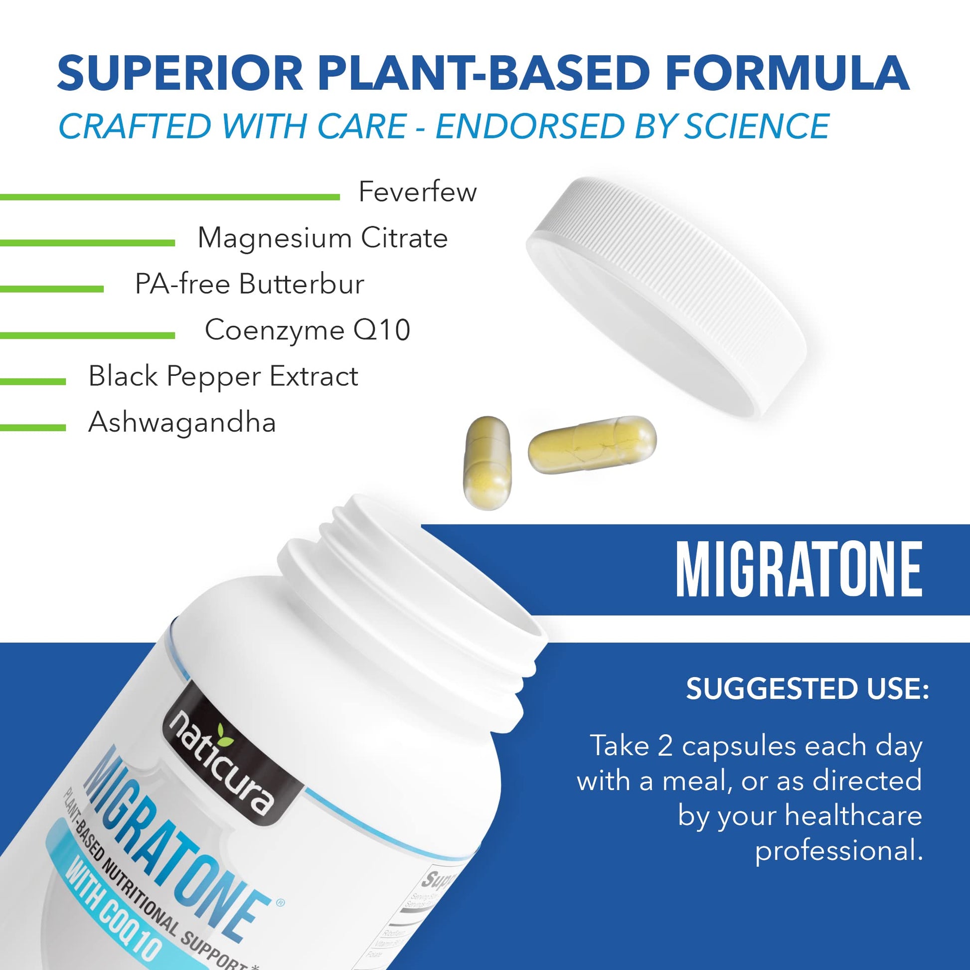 Migratone Migraine Relief Nutritional Support Supplement - with Magnesium, Riboflavin Vitamin B2, B6 & B12, Microactive Coq10, Feverfew, PA-Free Butterbur, and Folate - Clinically Preferred Blend Naticura buy supplements canada