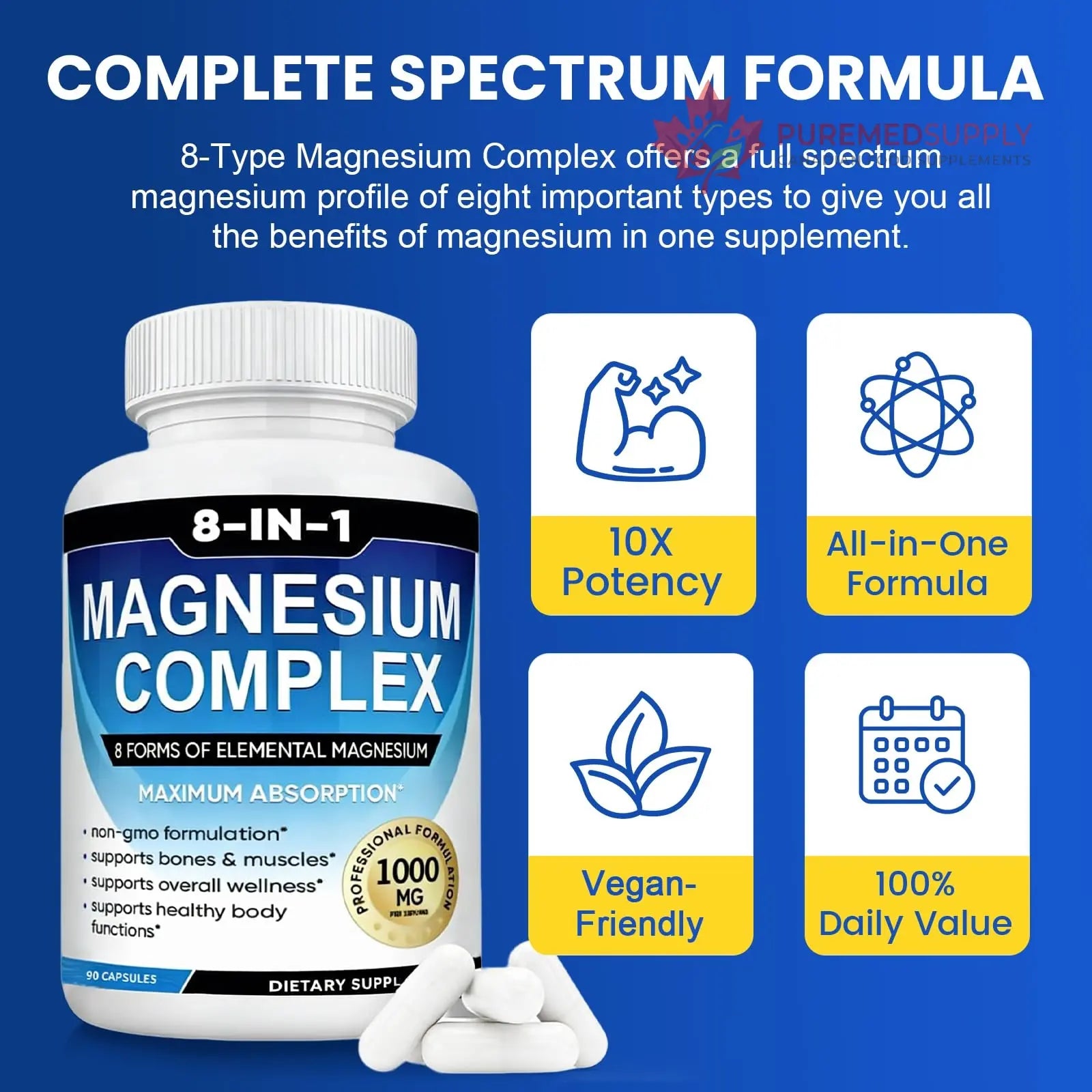 Magnesium Complex Supplement 8-in-1 Elemental 1000mg, Magnesium Glycinate, Malate & Citrate, Vegan, Non-GMO 90 Capsules MIRACLE OFFICIAL buy supplements canada