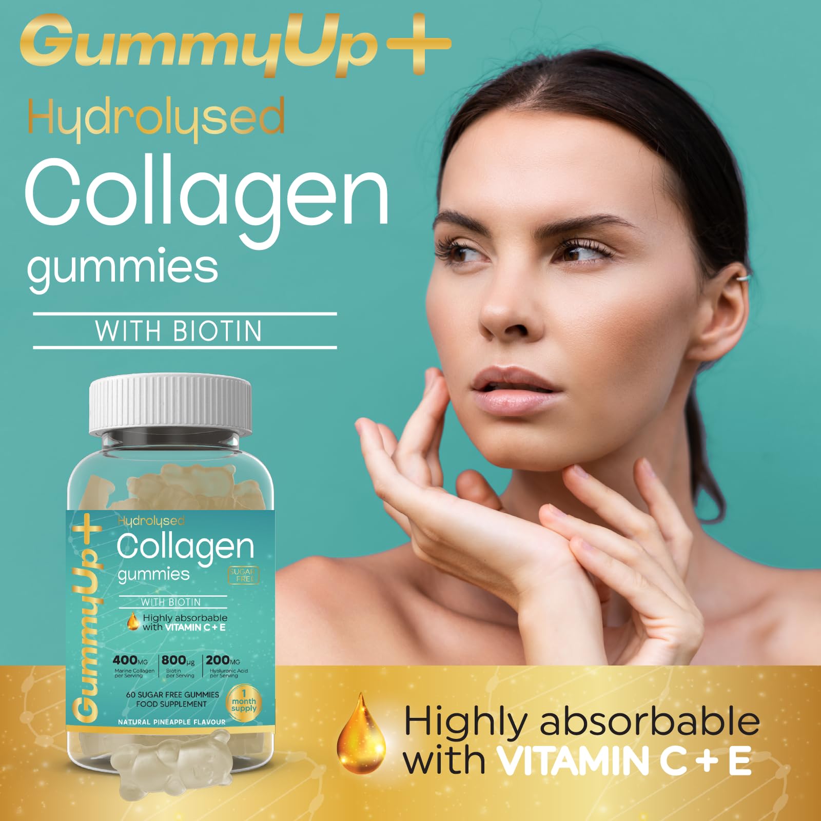 Hydrolysed Collagen Gummies with Biotin, 60 Sugar Free Natural Pineapple Flavoured Gummies ZA ZACANNA buy supplements canada