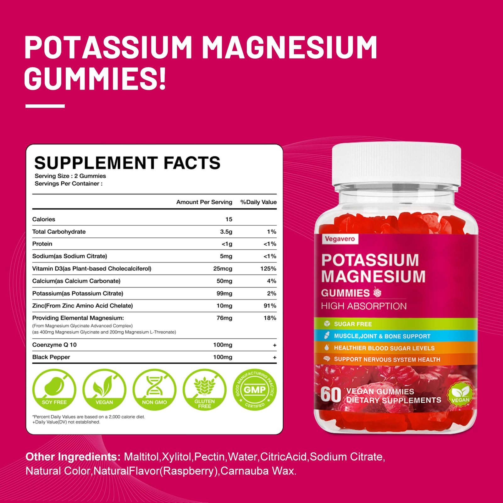 Potassium Magnesium Gummies - High Absorption Magnesium Glycinate & Potassium Citrate Plus Coenzyme Q10, DHA, D3, Mineral & Calcium for Zzz, Leg Cramps & Muscle - 60 Raspberry Gummies Vegavero buy supplements canada