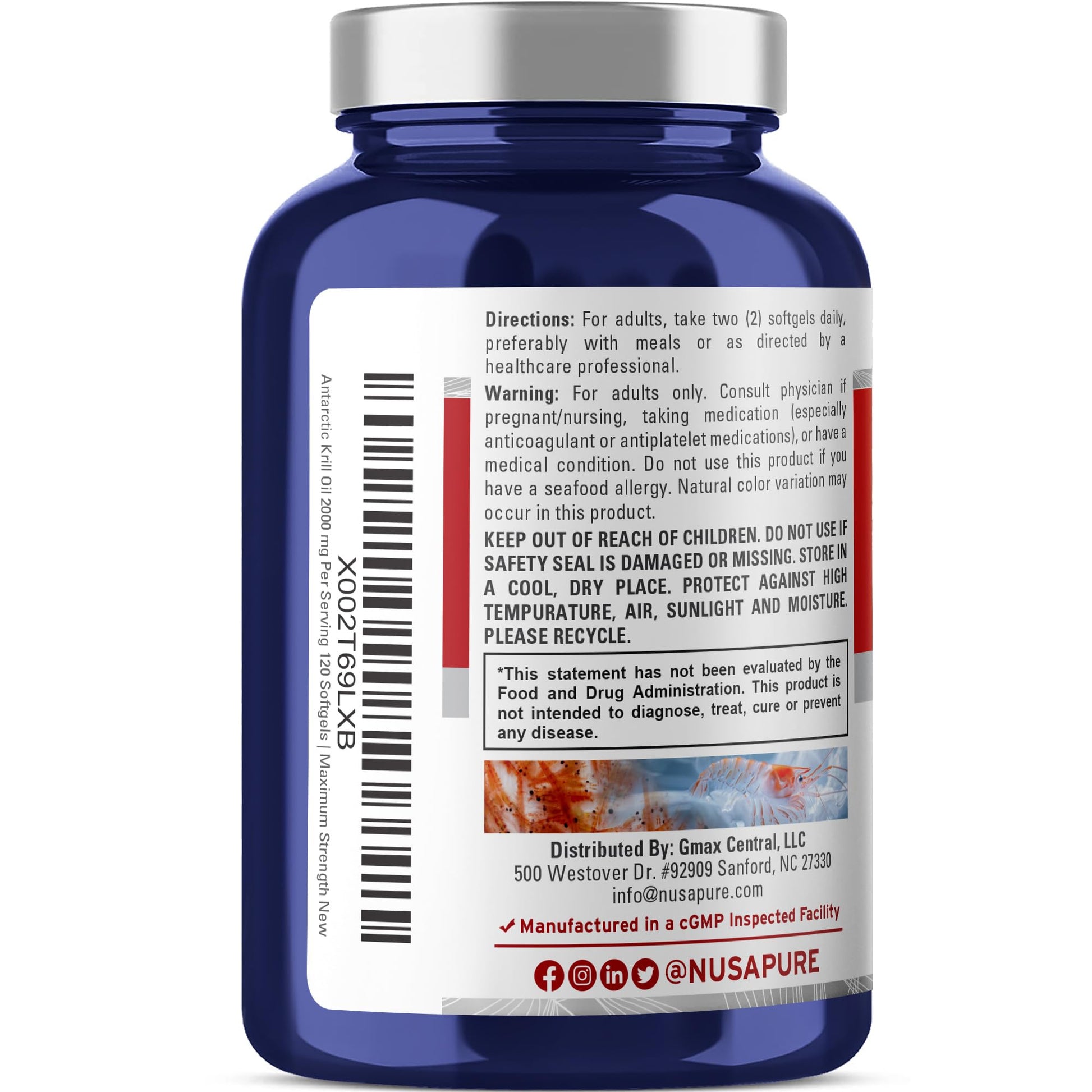 NusaPure Antarctic Krill Oil 2000 mg 120 Softgels, Omega-3 EPA 360mg, DHA 240mg, Soyfree Astaxanthin Supplement Sourced from Krill 800ppm NusaPure buy supplements canada