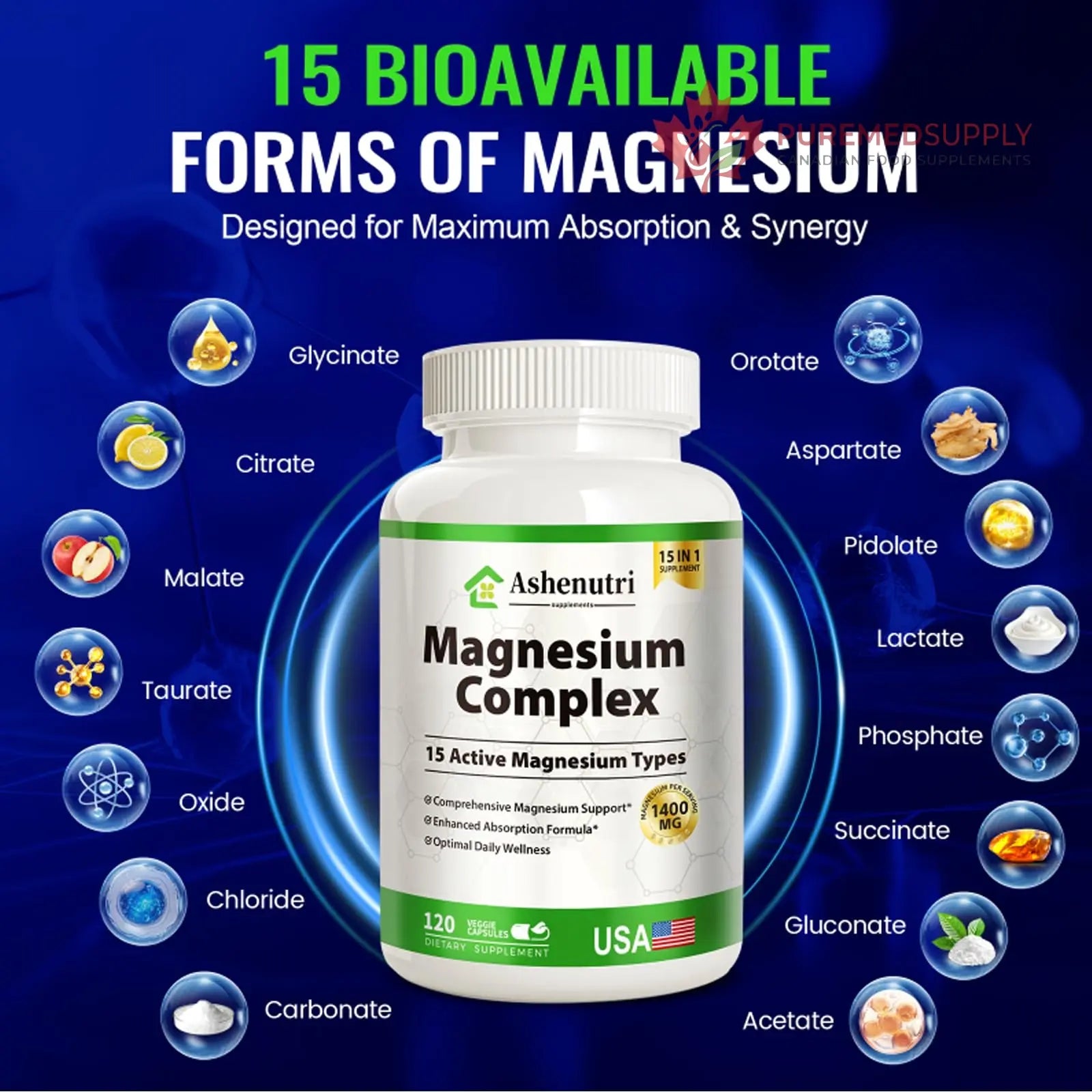 Magnesium Complex with 15 Types Magnesium Glycinate Citrate Malate Taurate Oxide Carbonate Chloride Orotate Magnesio Muscle, Heart, Relaxation & Nerves 120 Vegan Capsules, 60-Day Supply Ashenutri buy supplements canada